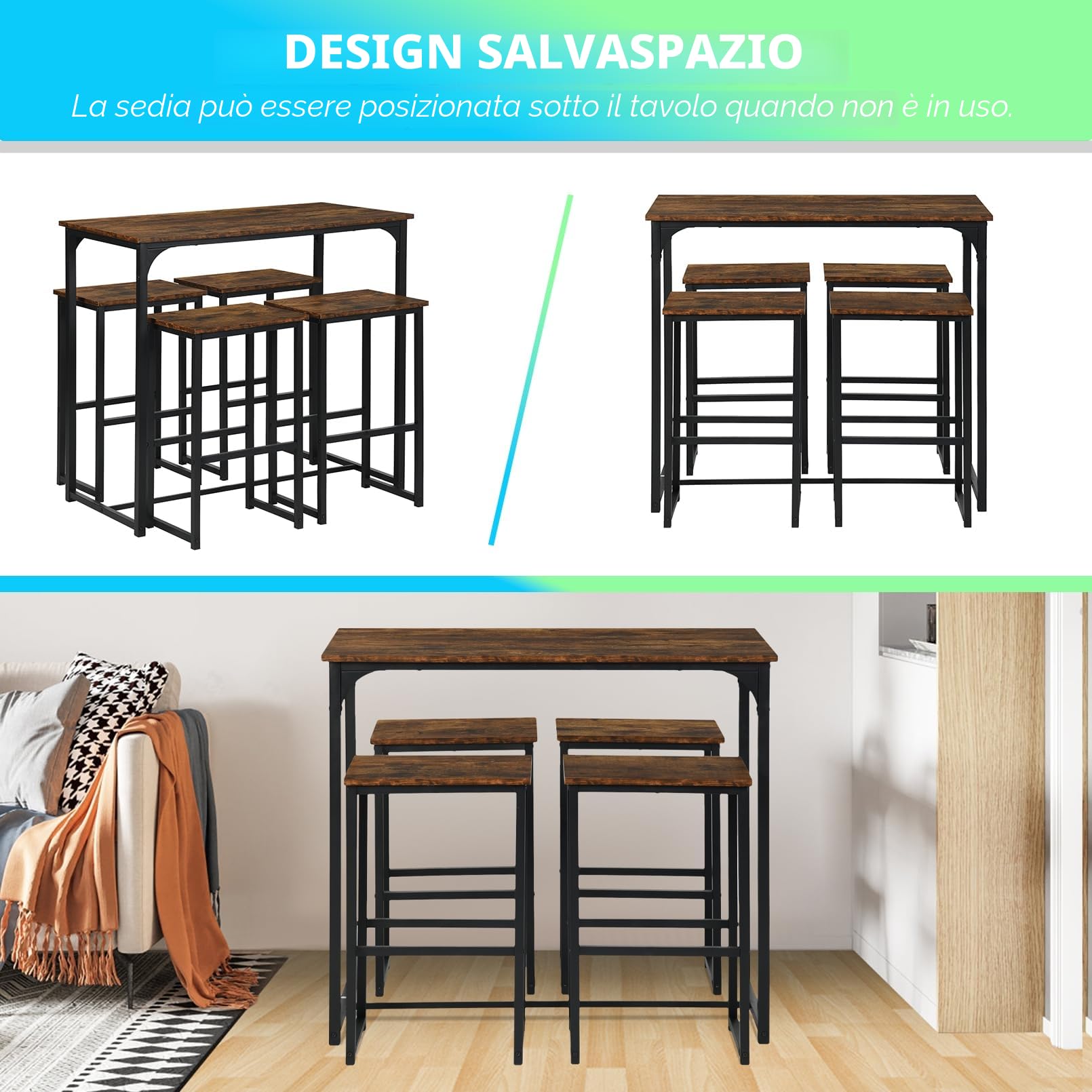 Tavolo Bar con 4 Sgabelli, Set Tavolo Cucina Penisola Vintage (100x50x90cm) - MDF+Ferro Robusto, Sedia con Poggiapiedi Anti-Graffio, Adatto per Sala da Pranzo Balcone Bistrot (Marrone Retrò)