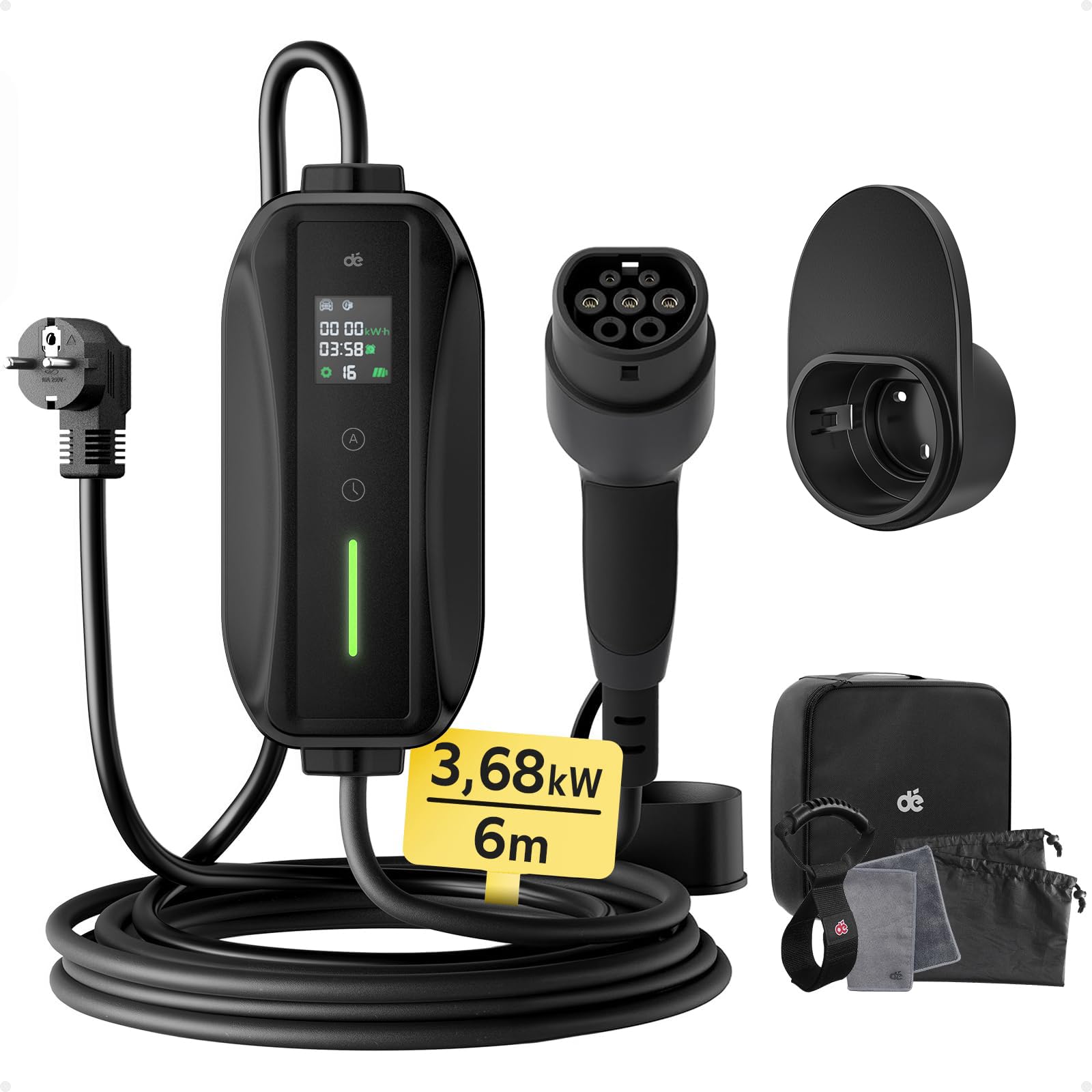 déType 2 Charging Cable Schuko 3.68 kW [1-Phase, 6m, 6-16A], EV Chargers with Controllable Digital Display for Electric Car, EV Charger for 3008/508, C5X, DS7, GLA, Q3, X3, ZOE, ID.3, ID.4 and Other