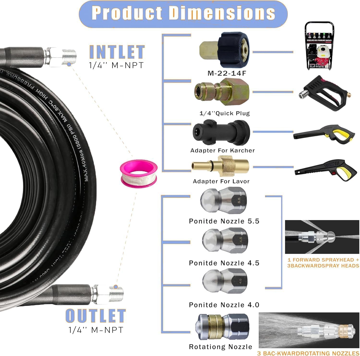 Kit de tuyau de jet de drainage, tuyau à haute pression de 30m de 400 bars pour drains bloqués, patios et allées, compatible avec plusieurs marques de laveuses à pression