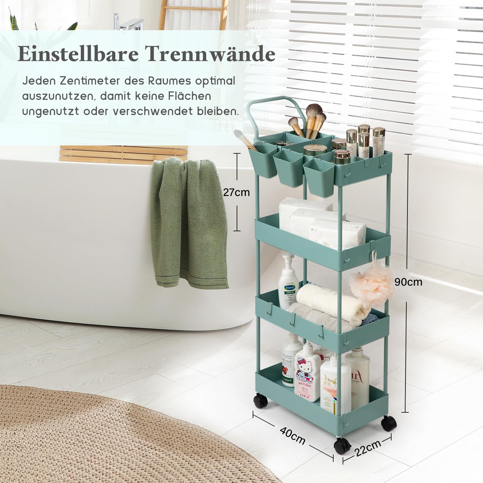 danpinera Carrello stretto per bambini, carrello da portata con 4 piani, carrello da cucina con pareti divisorie e ganci e bicchieri da appendere, carrello per nicchia per cameretta dei bambini
