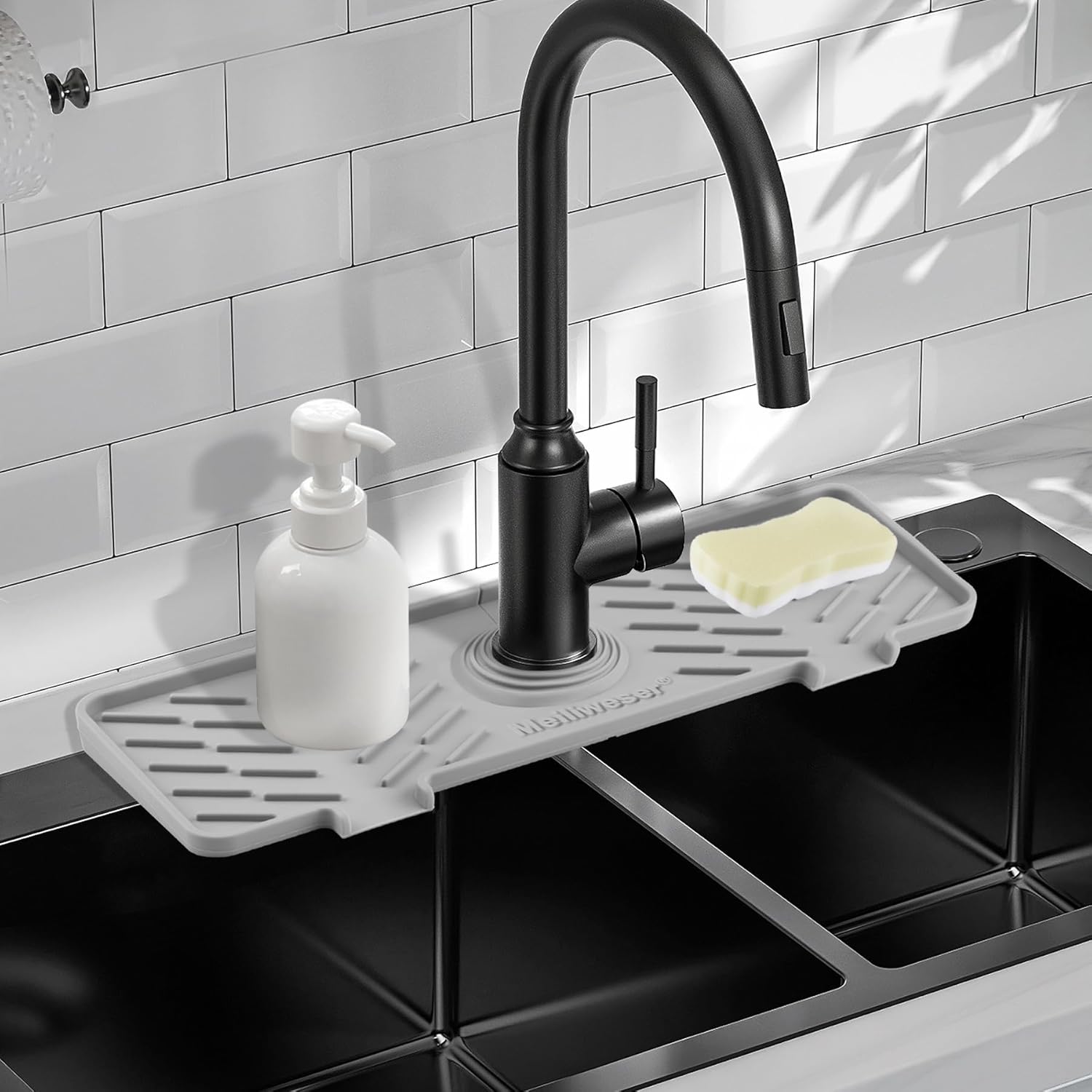 Meiliweser Silicone Faucet Splash Guard Gen 2-10° Large Slope & Adaptable Hole Faucet Handle Drip Catcher Tray - 14” x 5.5” - Sink Sponge Holder for Kitchen, Bathroom(Gray)