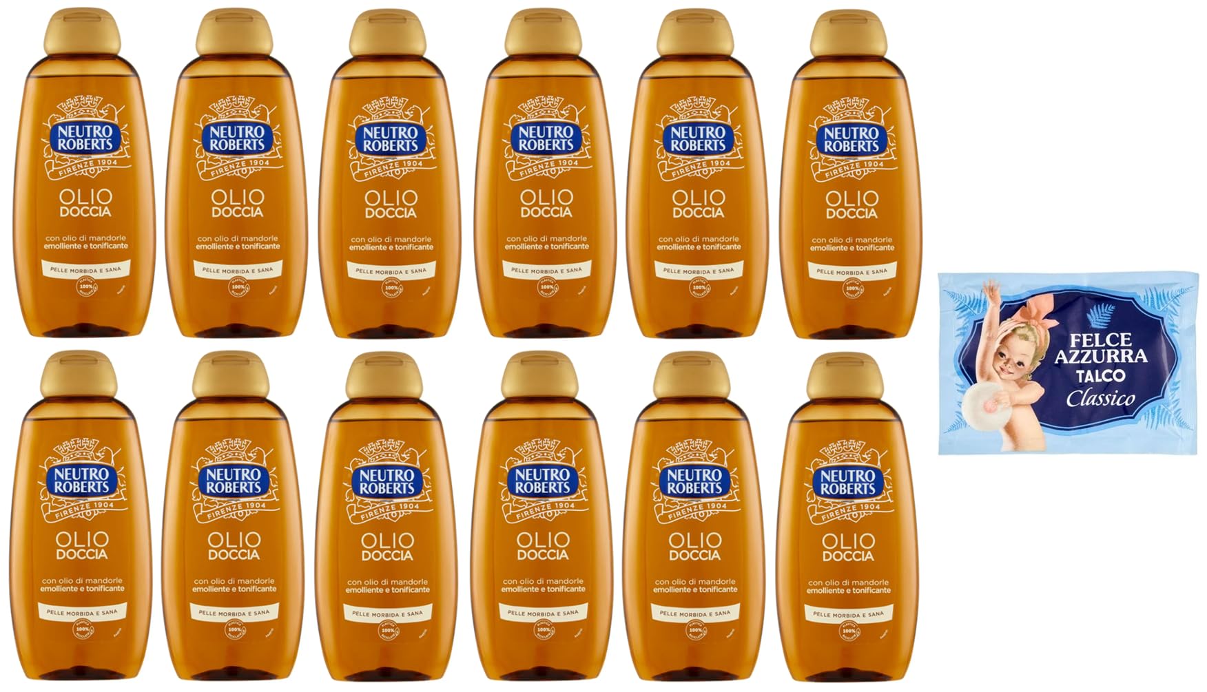 Neutro Roberts Olio Doccia con Olio di Mandorle, 12 unidades de aceite de ducha con aceite de almendras, suavizante y tonificante, 250 ml + 1 paquete de polvo de talco Felce Azzurra gratuito, bolsa de