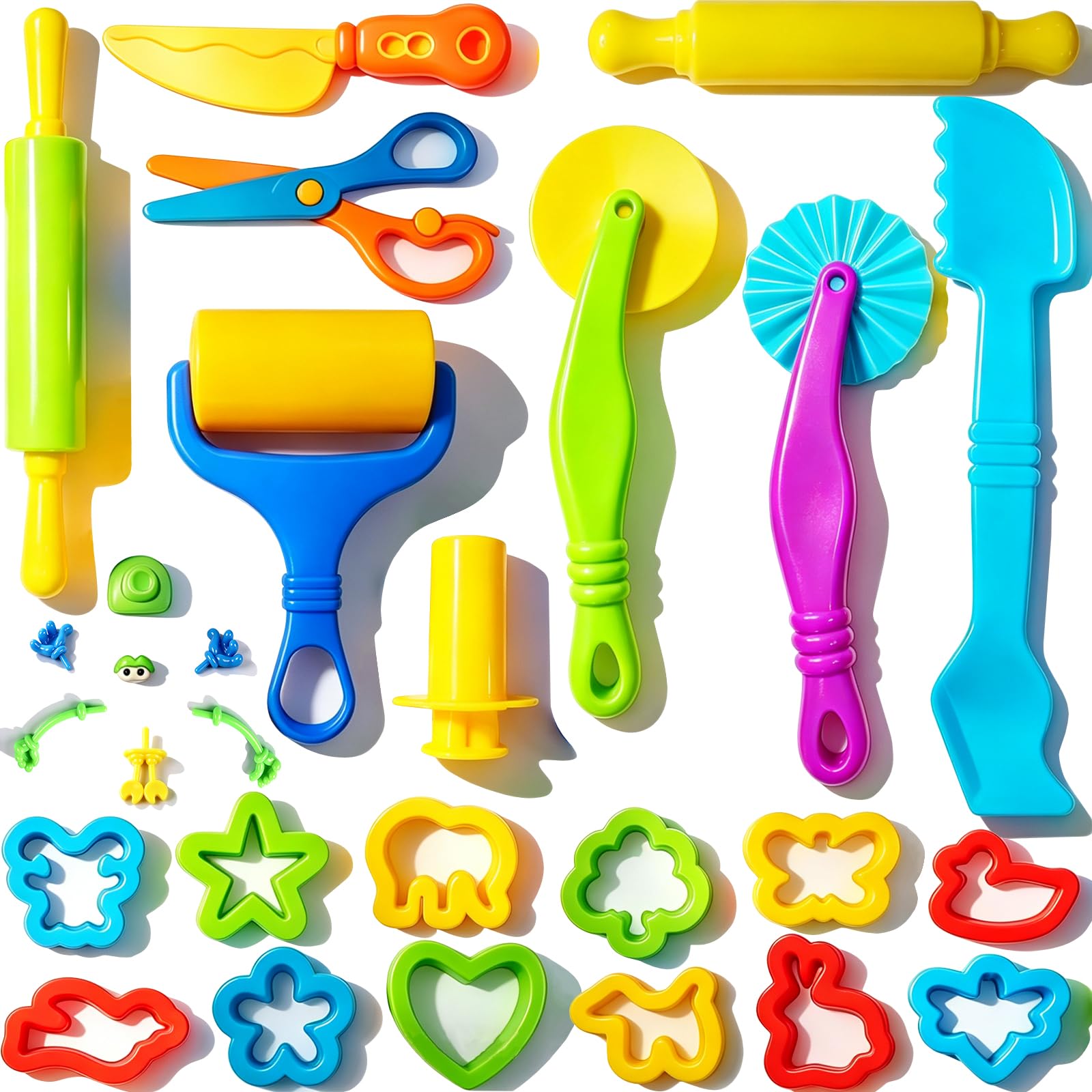 Dough and Clay Play Tools Kit for Kids, Modeling Clay Accessories for Toddlers, Animal Cutters with DIY Rollers & Safety Scissors, Dough Extruder Easy Squeeze for Kids, Ideal Home Play & Baking Set