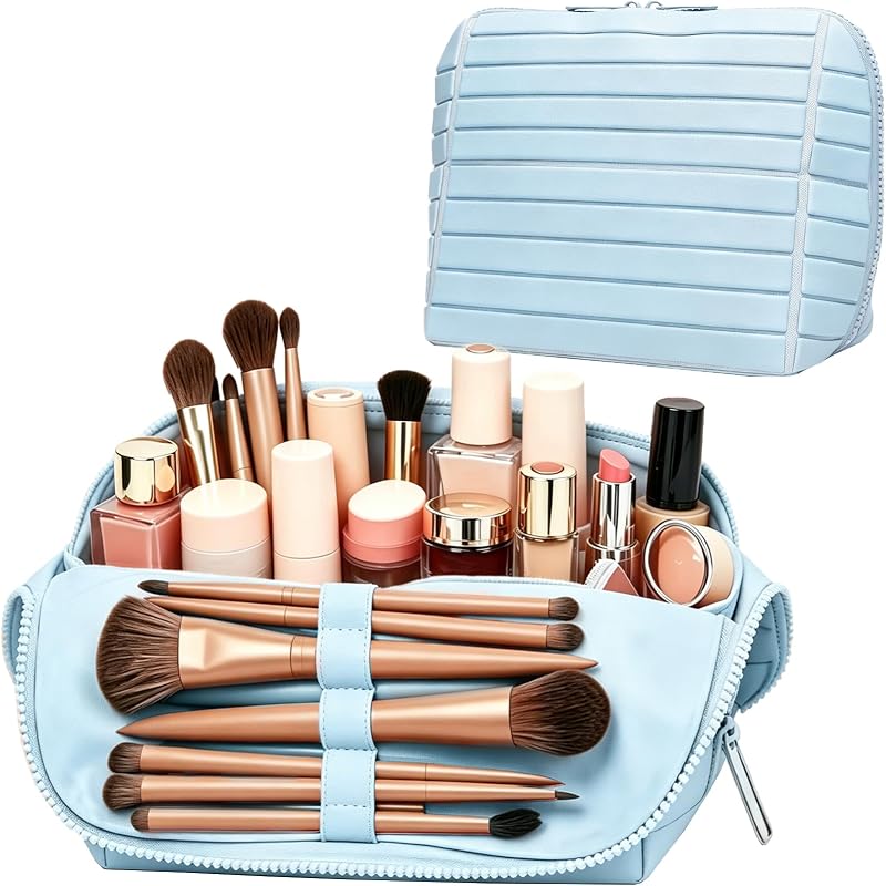Necessaire de maquiagem vertical Geelraqaly com divisórias ajustáveis, azul