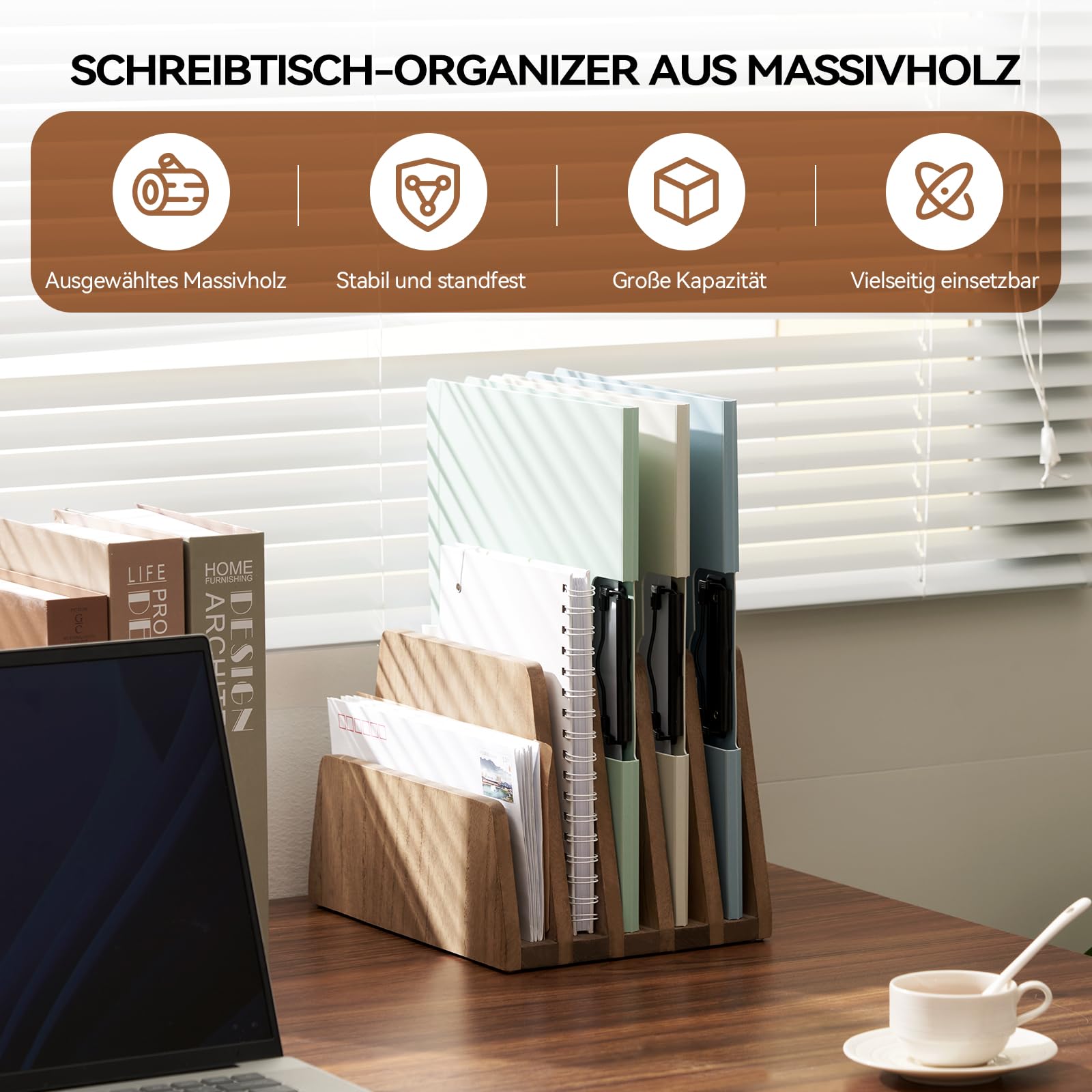 KIRIGEN Dokumentenhalter Holz, 5 Fächer Schreibtisch-Organizer aus Paulownia-Holz, 2,5 cm Fachabstand, Briefsortierer für Post, Hefte, dünne Mappen und Broschüren, Dunkelbraun, 19 x 25,2 x 18 cm