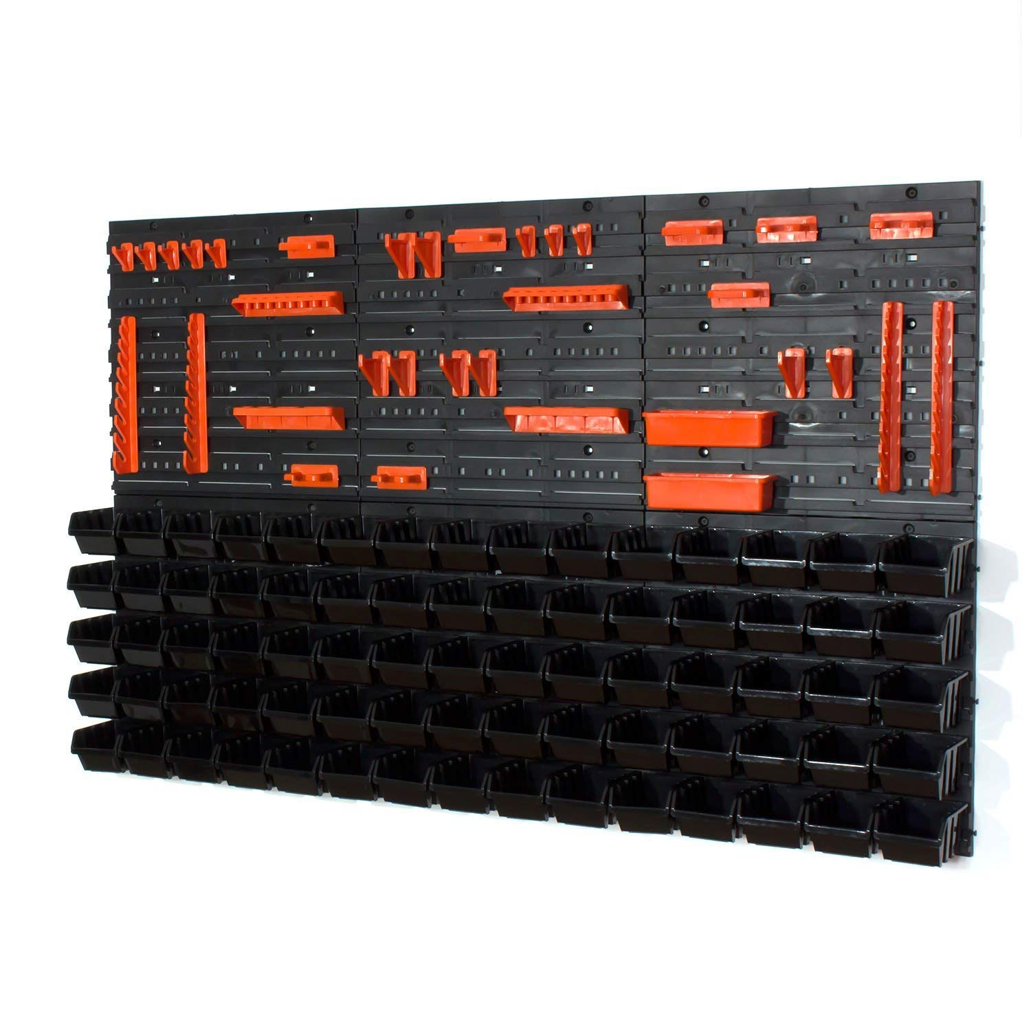 75 cajas apilables con estante de pared 120 x 80 cm estantería de almacenamiento pared herramientas taller garaje placas de pared negro naranja