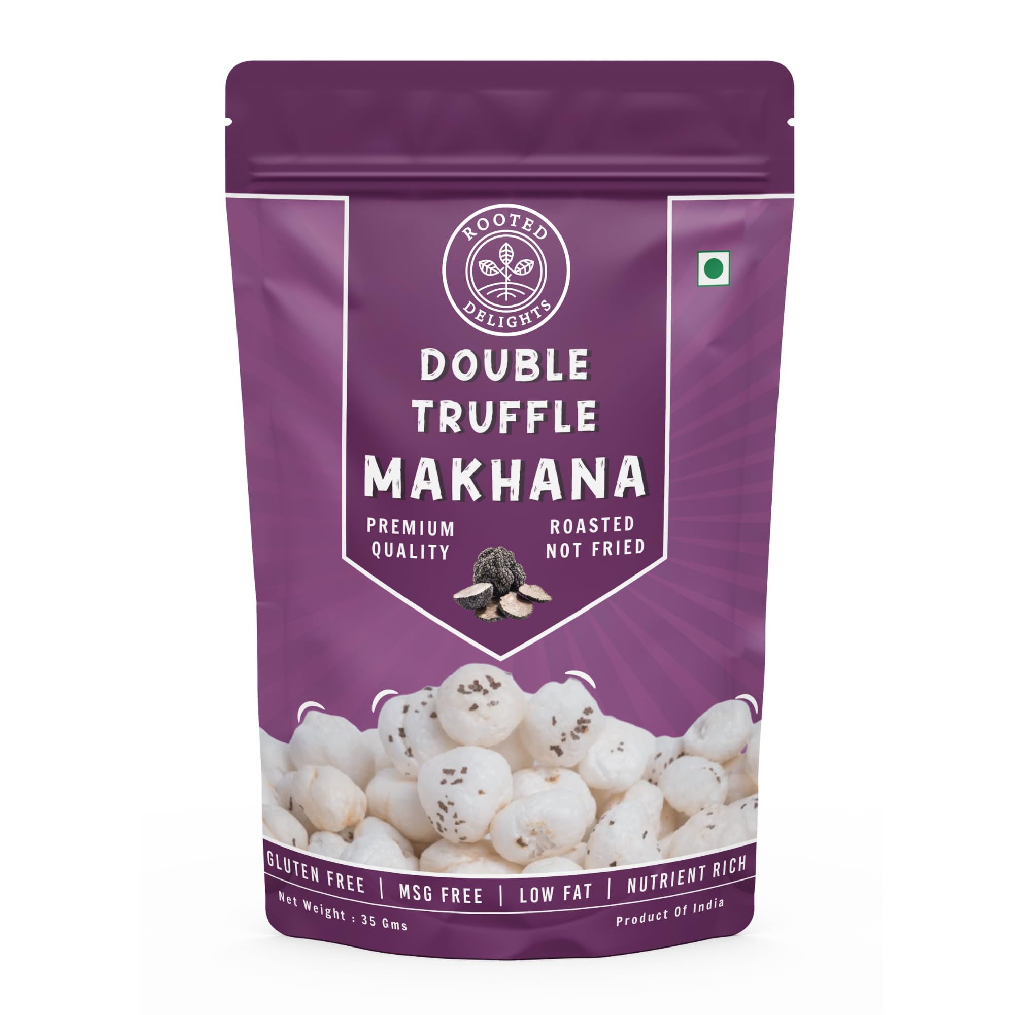 Rooted Delights Double Truffle Roasted Makhana | Pack of 1 (35g) | Healthy Puffed Snacks | Low Calorie | Gluten Free | Roasted Foxnuts | MSG Free | Zero Trans Fat | No Preservatives-image-24