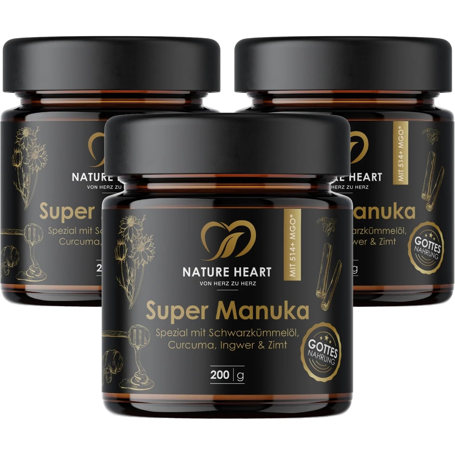 Nature Heart Super Manuka Honig 3x MGO 514+ mit Schwarzkümmelöl | Ceylon Zimt, Ingwer-, Kurkuma- & Pfefferextrakt | 100% Neuseeland | Unabhängig geprüft
