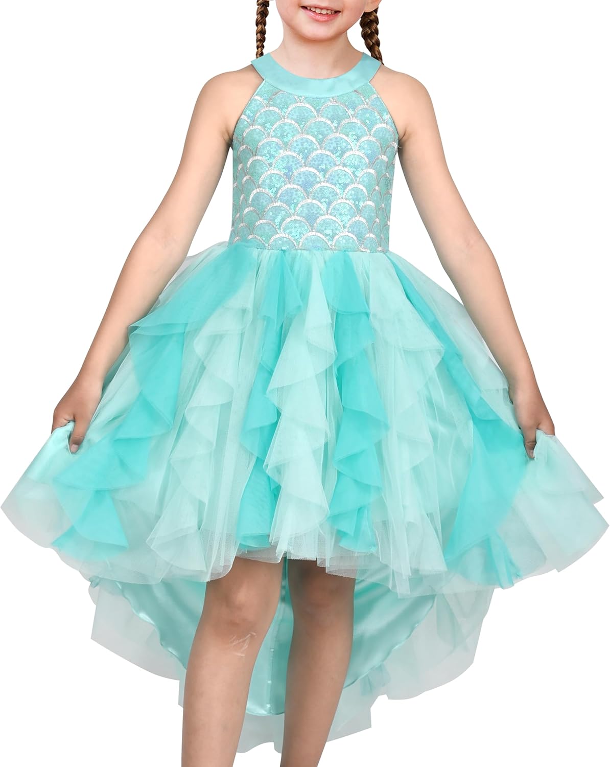 Sunny Fashion Girls Halter Dress Purple Pleated Tiered Sequin Pageant Hi-lo Hollow Back