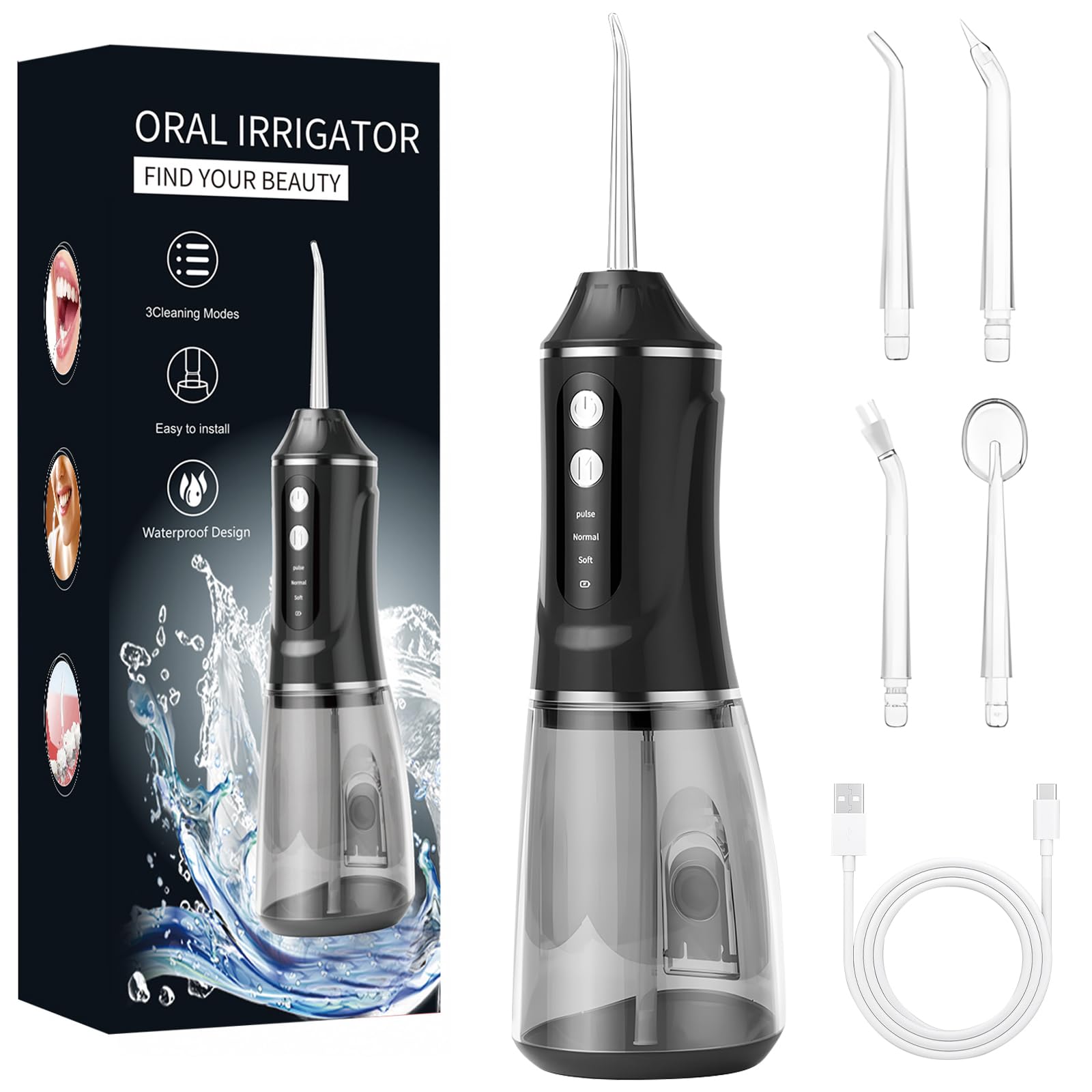 Idropulsore Dentale Oral,Irrigatore Orale,Idropulsore Dentale Portatile,Elettrico Oral Water,con 5 Modalità e 6 Beccucci,Serbatoio da 380ml,Impermeabile IPX7,per Uso Domestico e Viaggi(Nero)