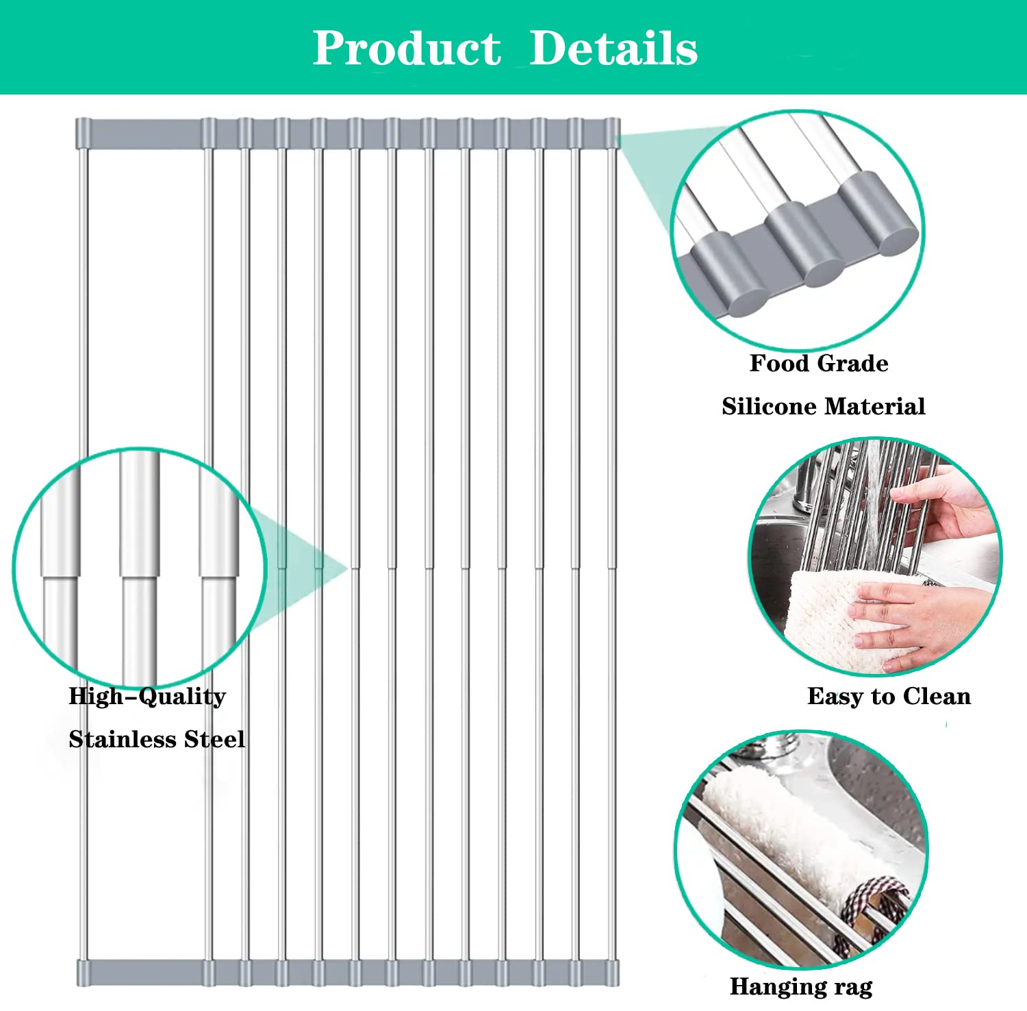 Ygapuzi Expandable Roll Up Dish Drying Rack Over the Sink, 12.6''-23.3'', Sink Drainer with Utensil Holder - Image 3