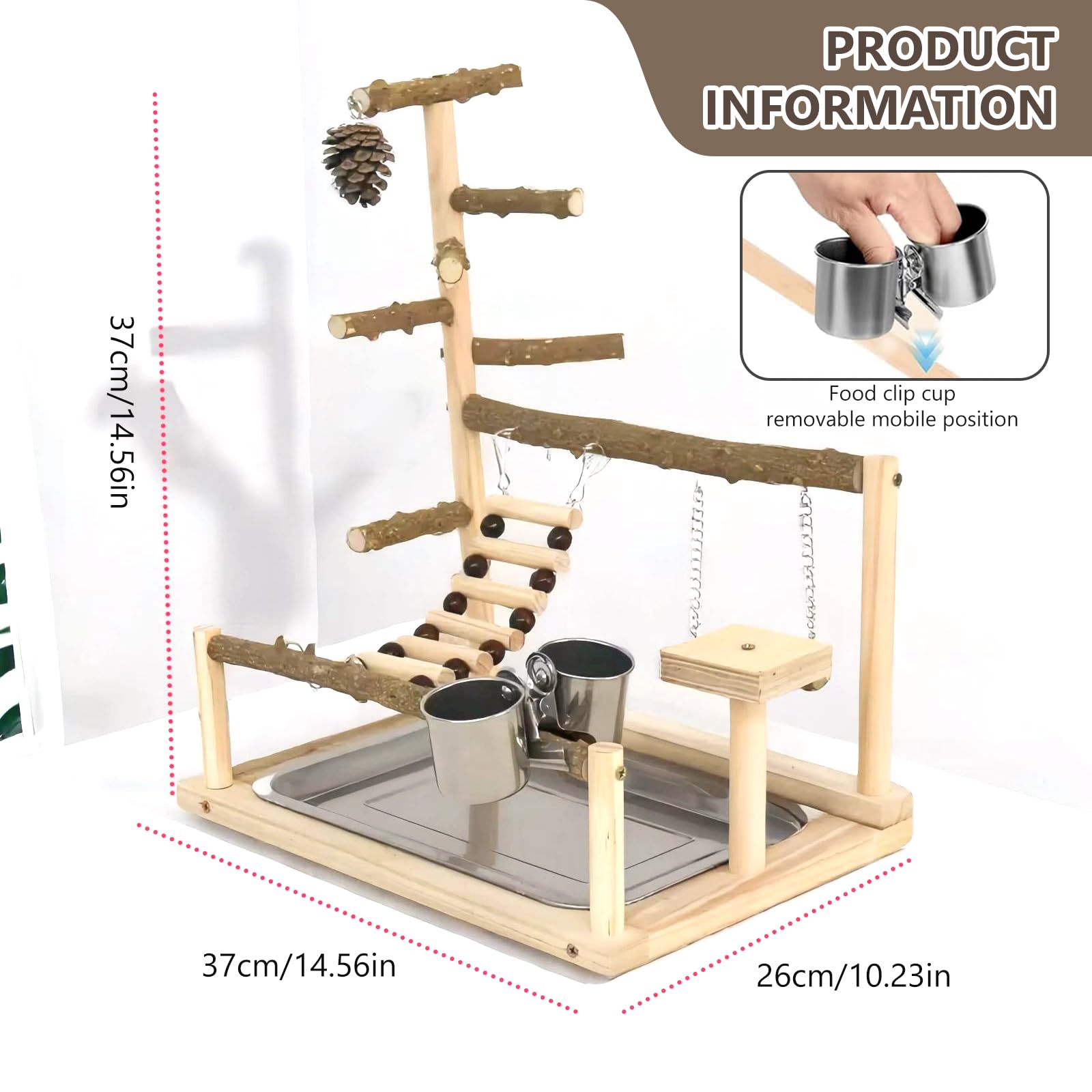 Parco Giochi per Pappagalli in Legno con Tazze e Vassoio, Trespolo per Uccelli, 37 x 26 x 37 cm