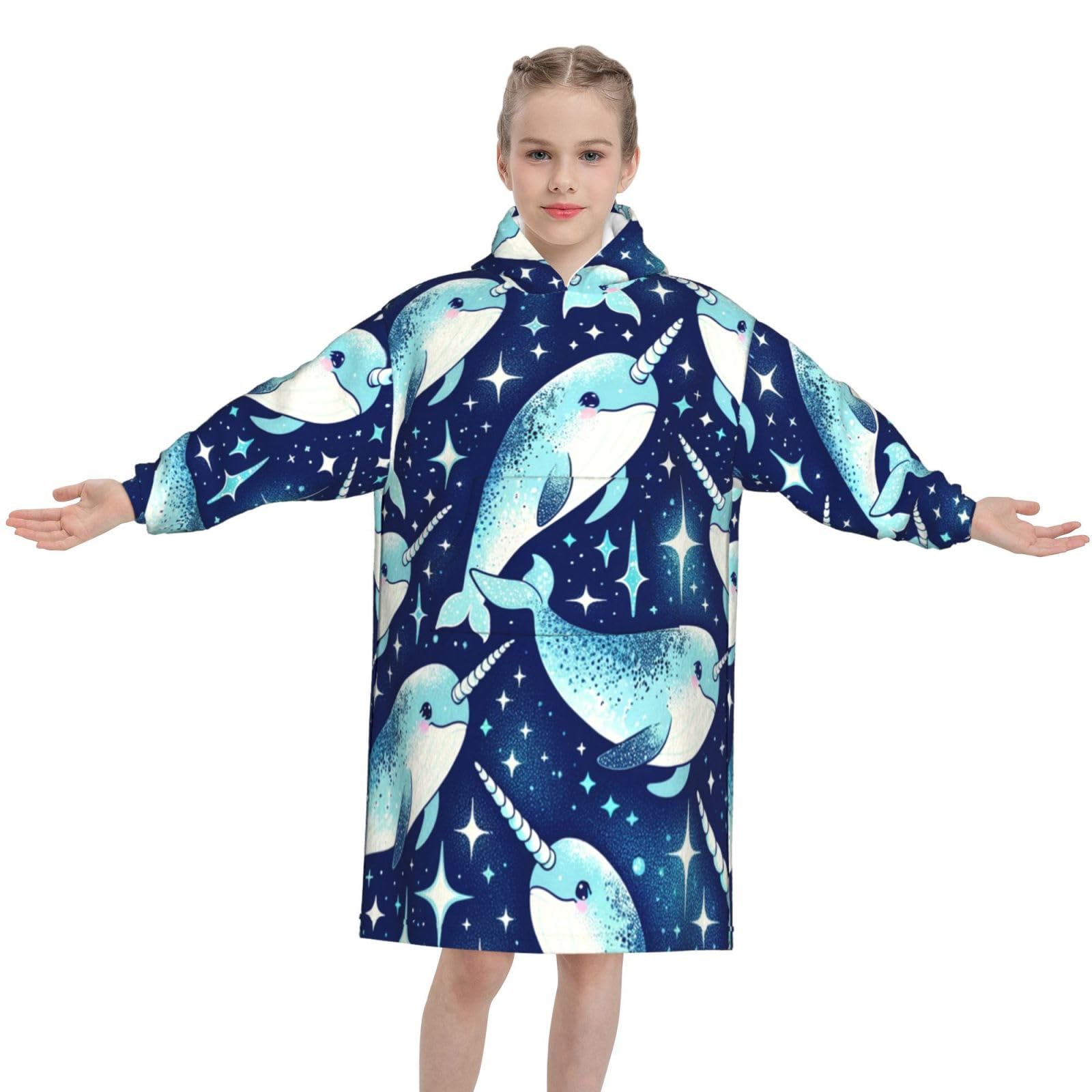 Augenstern Flannel Wearable Blanket Hoodie Cute-Narwhal-Blue-Shining Oversized Sweatshirt Hooded Blanket With Pocket