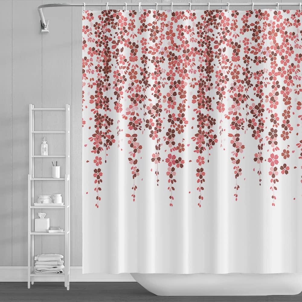 18meng Art Shower Curtain Red Leaf Mould Proof Weighted Polyester Fabric Bathroom Curtains 180x210cm Waterproof Resistant Wet Room Washable Bathtub Curtain with 12 Hooks
