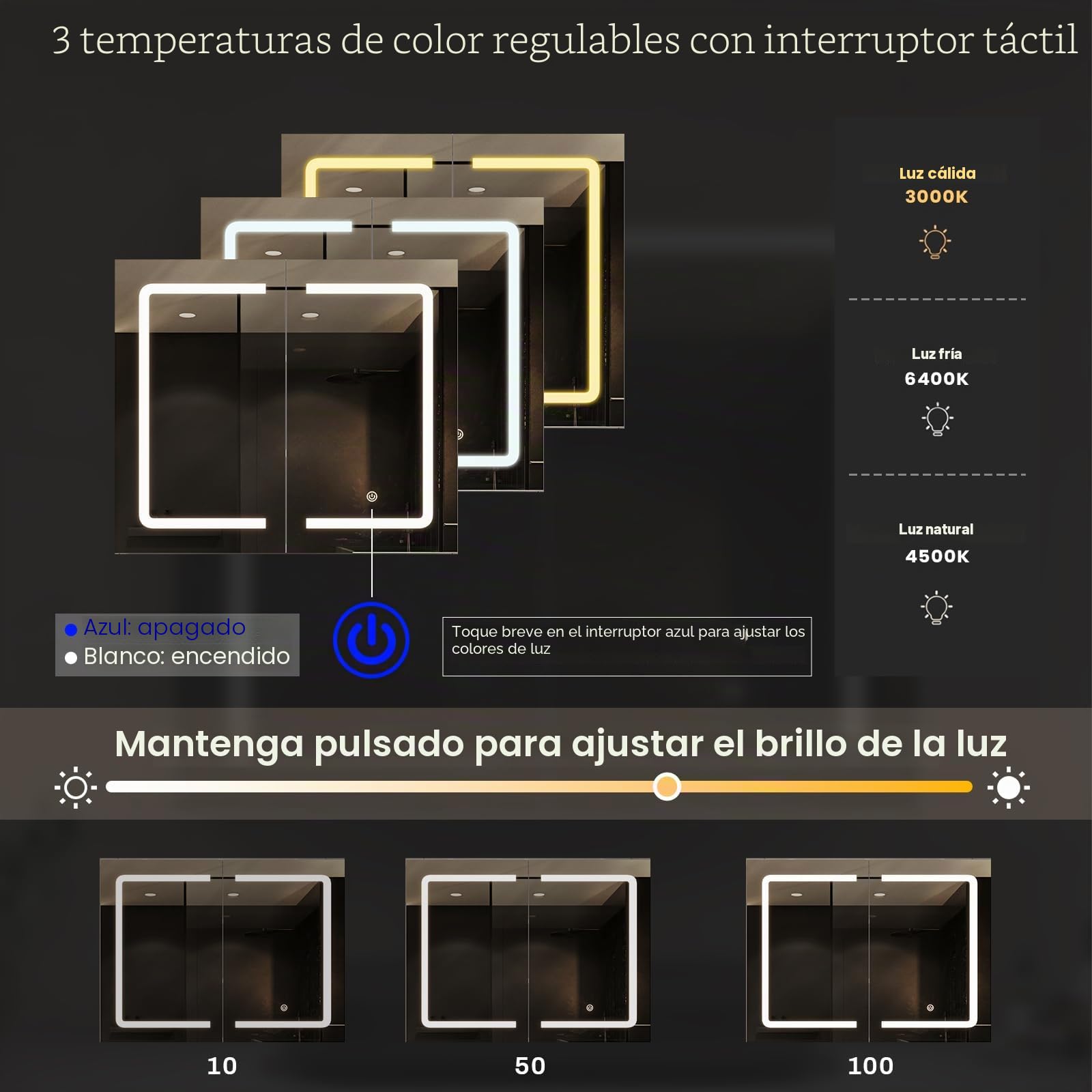 DICTAC Armario de Baño Con Espejo e Iluminación, 80x16x60 cm, Con Enchufe, Puerta Doble, Estante, Interruptor de Sensor Táctil, 80 cm de Ancho