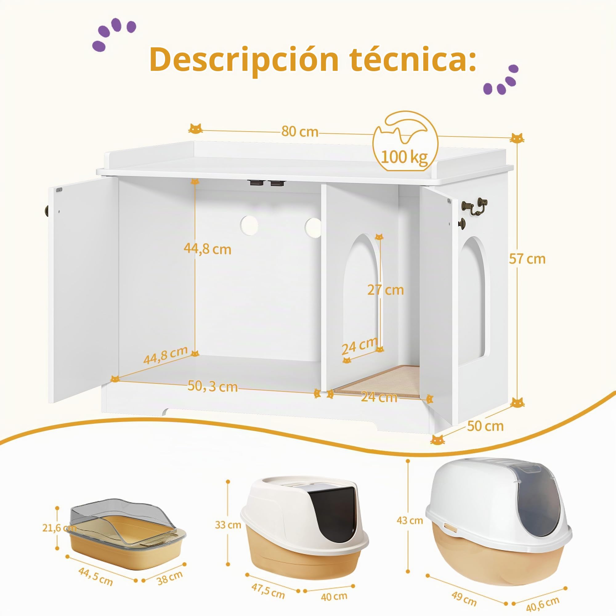 Hzuaneri Armario para Gatos con Asas, Armario para Bandeja Sanitaria, Caseta para Gatos con Puerta, Mesa Auxiliar de Madera para la Caseta de Mascotas, 50 x 80 x 57cm, Robusto, Blanco CB05703X