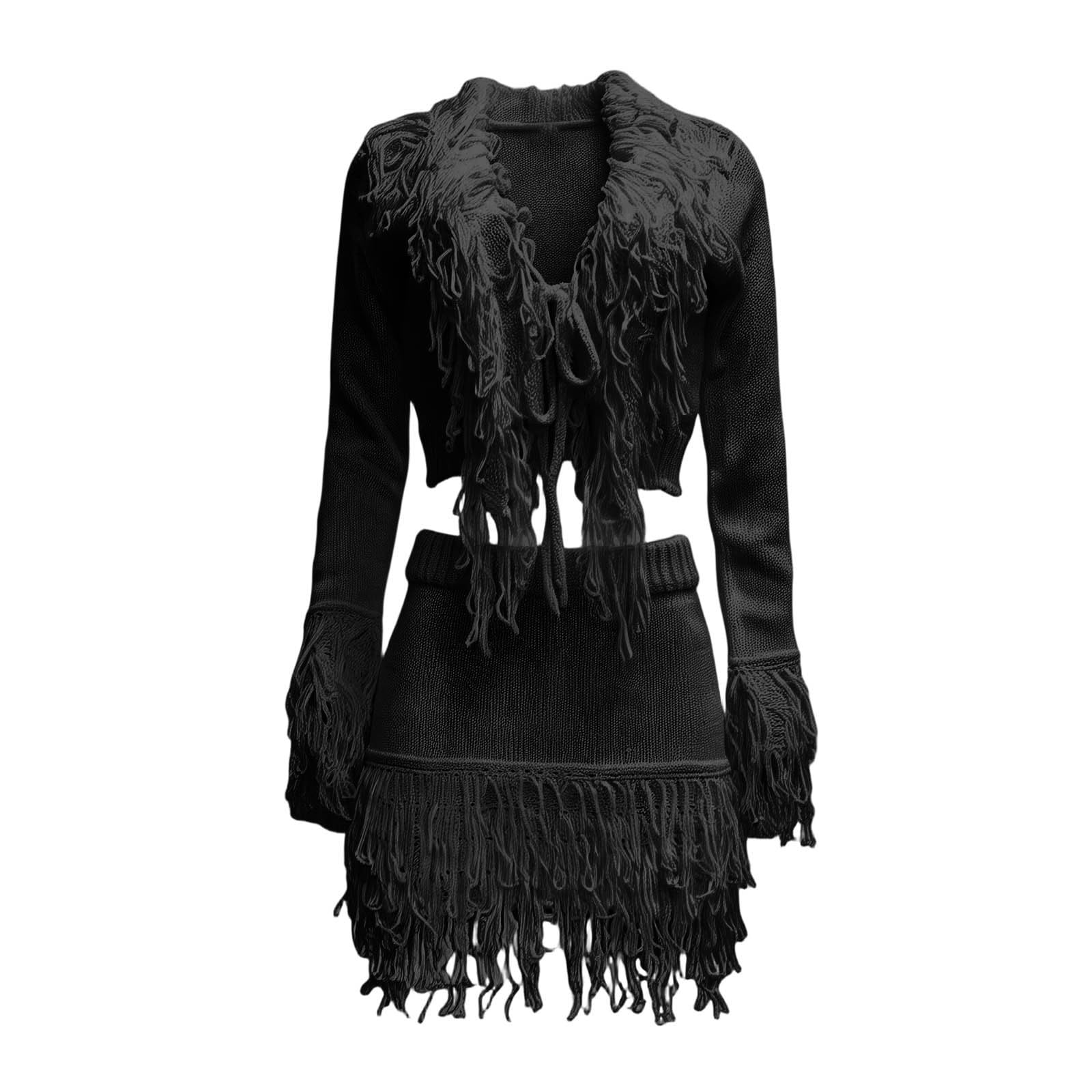 Elegantes Strickfransen-Kleid mit langen Ärmeln figurbetonter Kurzrock-Kombination für festliche Anlässe in Winter