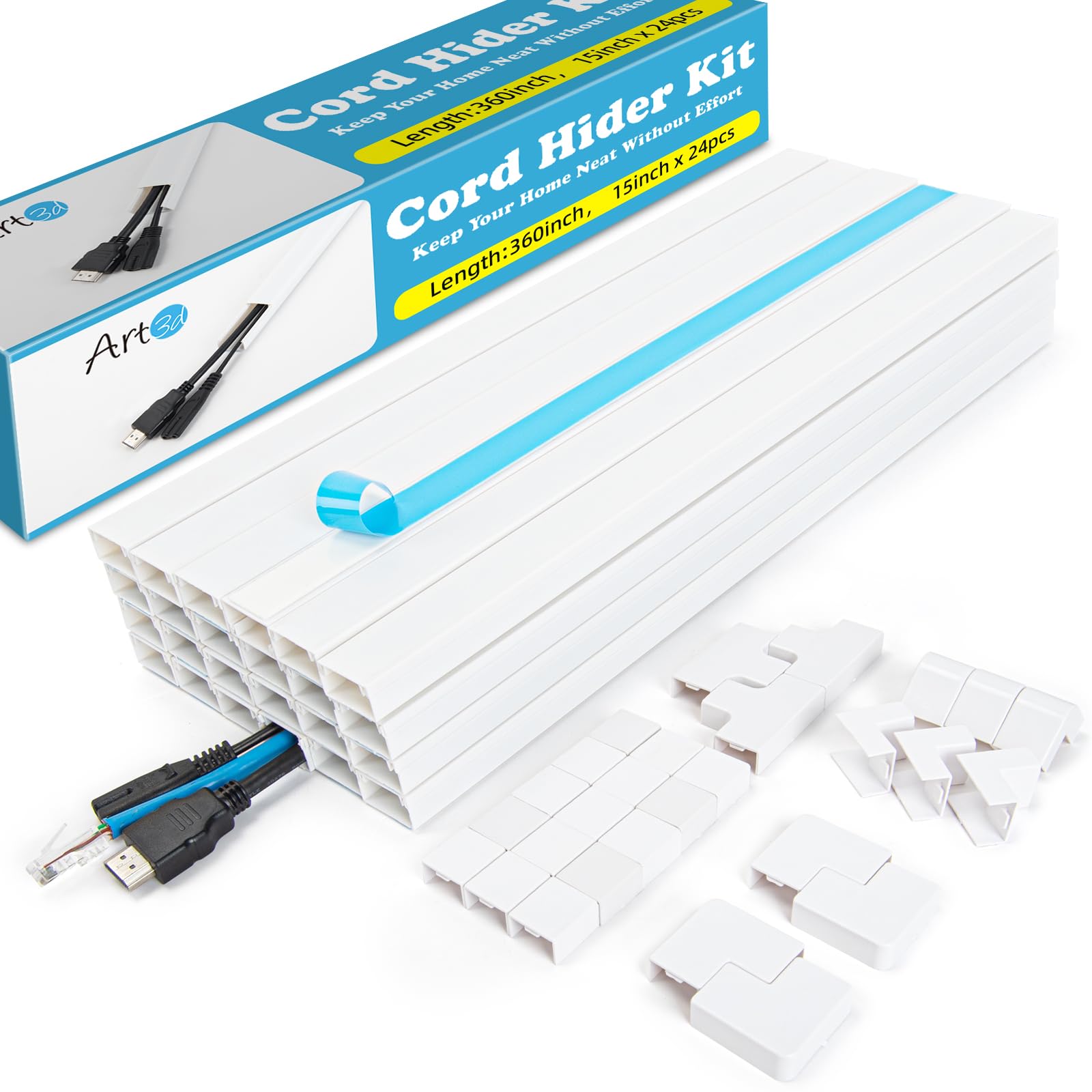 Art3d Kit canalina per cavi, 9,14 metri, copricavi per parete, canalina autoadesiva per cavi, kit di gestione dei cavi per casa e ufficio, 24 x 380 mm, 24 x 24 x 14 mm, bianco