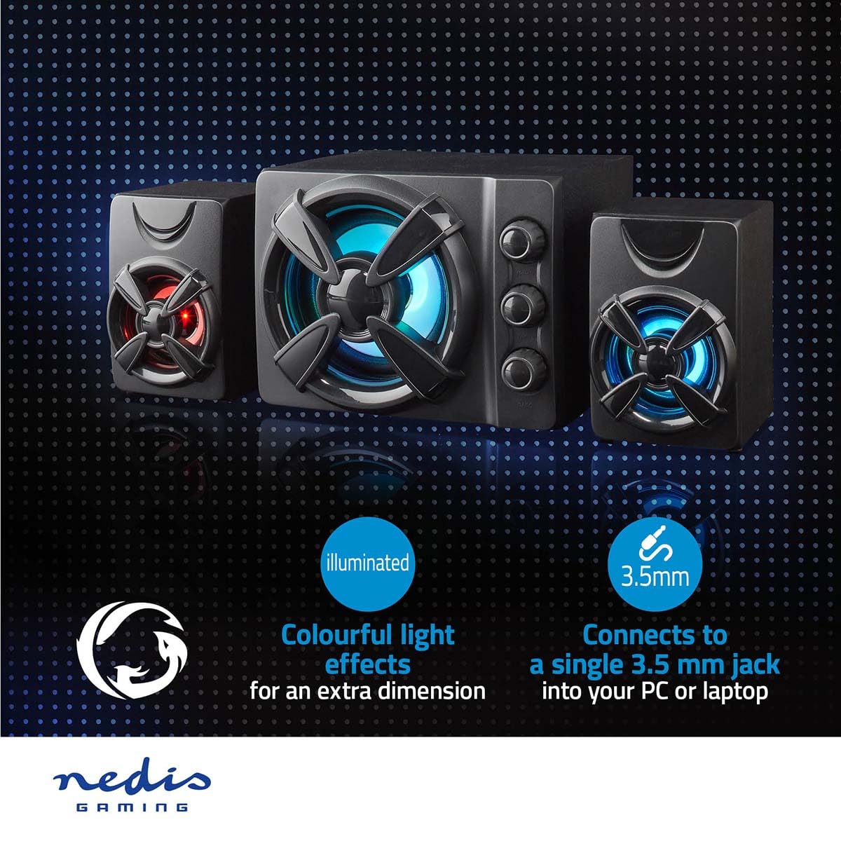 NEDIS Gaming-Lautsprecher | Lautsprecherkanäle: 2.1 | Stromversorgung über USB | 3.5 mm Stecker | 33 W | LED | Lautstärke-Regler, Black