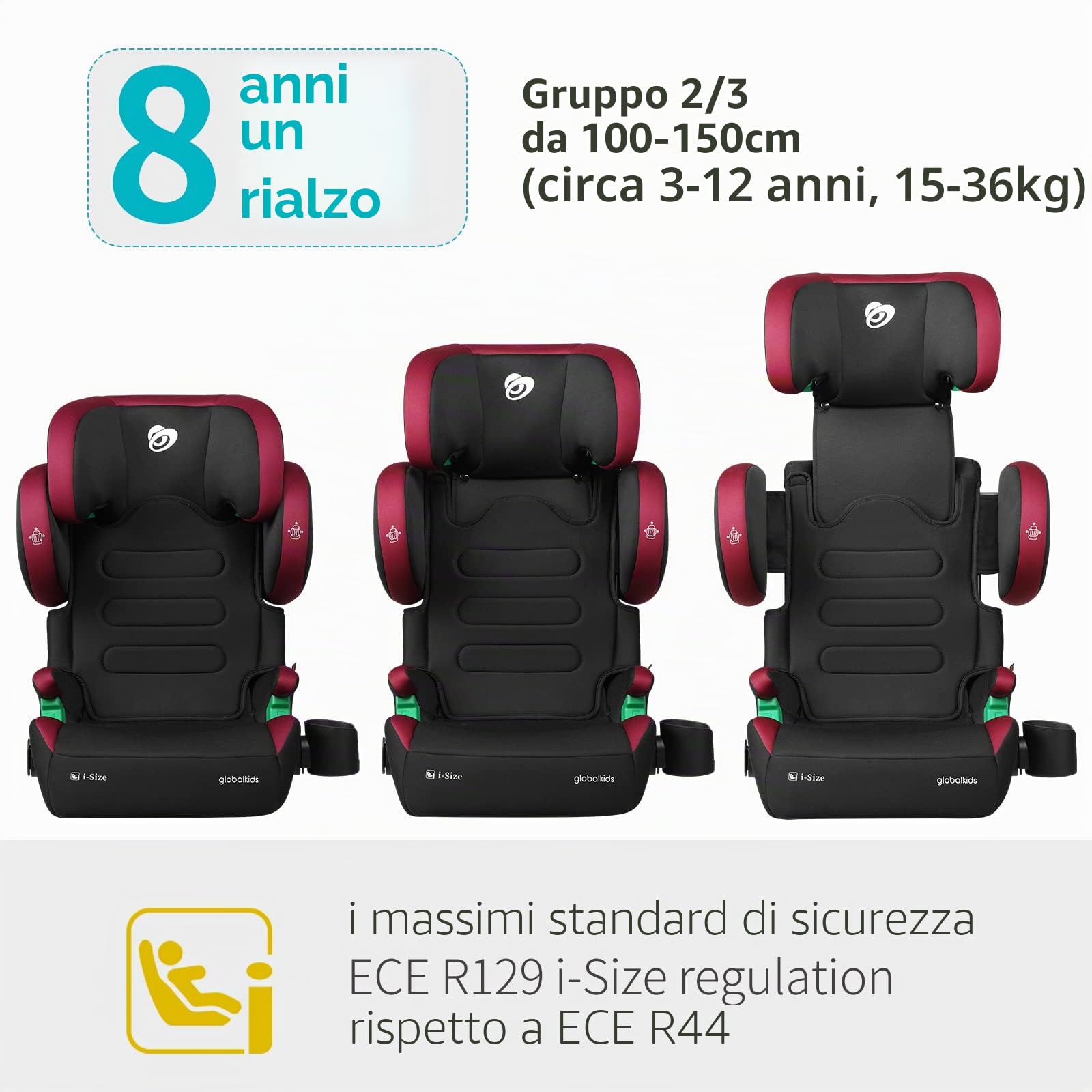 globalkids Seggiolino auto per bambini da 15 a 36 kg, seggiolino auto con Isofix, i-Size R129, rialzo seggiolino per bambini, da 3,5 a 12 anni (da 100 a 150 cm), braccioli e poggiatesta regolabili in