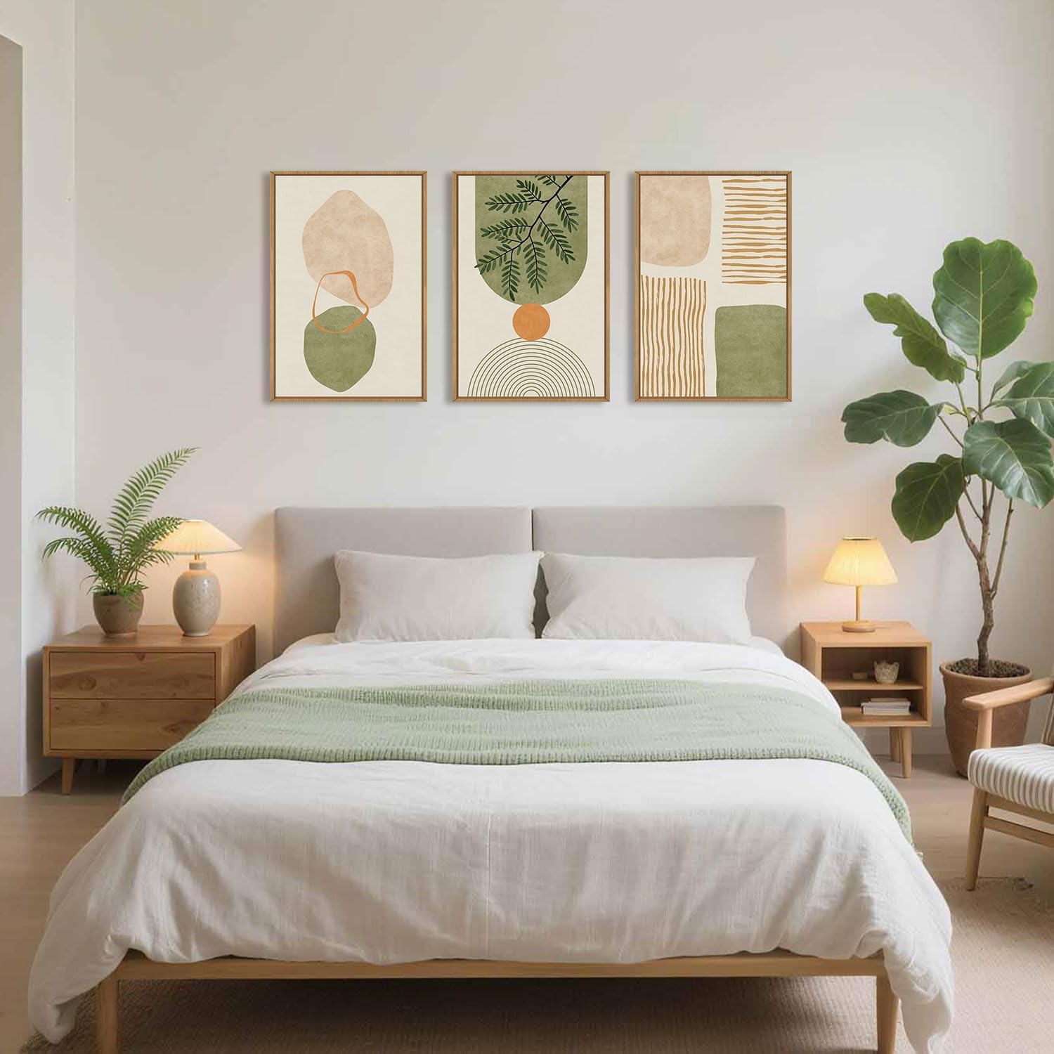 CHDITB 3 Stück Boho Wandkunst Weichgrünes Gerahmtes Leinwanddrucke Wandkunst Set Abstrakte Botanische Moderne Leinwand Wanddekoration Minimalistisches Bilder Grün Wandkunst Wohnzimmer