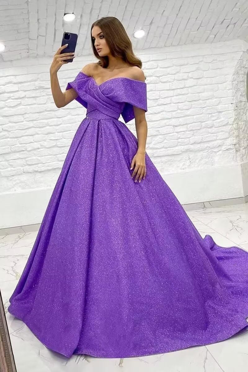 Off Shoulder Prom Dresses for Women Ball Gown Long Pleated Sparkly Formal Evening Dress with Pockets