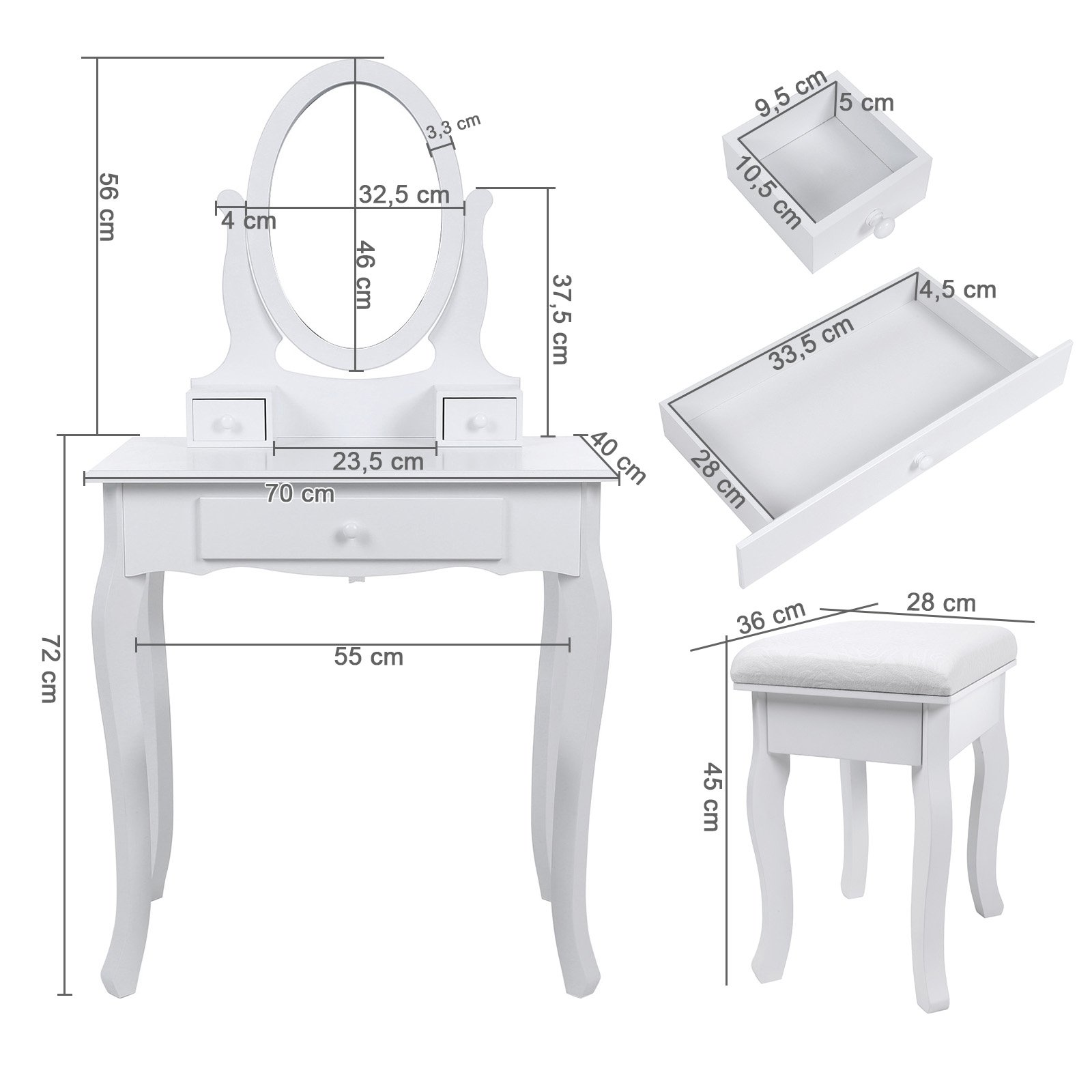 SONGMICS Toaletka z 3 szufladami z lustrem taboretem, 70 x 130 x 40 cm (szer. x wys. x głęb.), biała RDT004