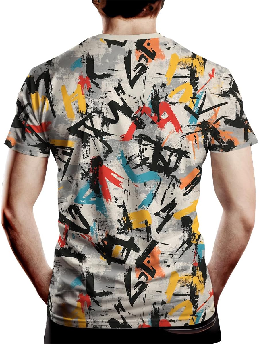 Mens Casual Graffiti Print T-Shirt Short Sleeve Hip Hop T-Shirts - Image 3