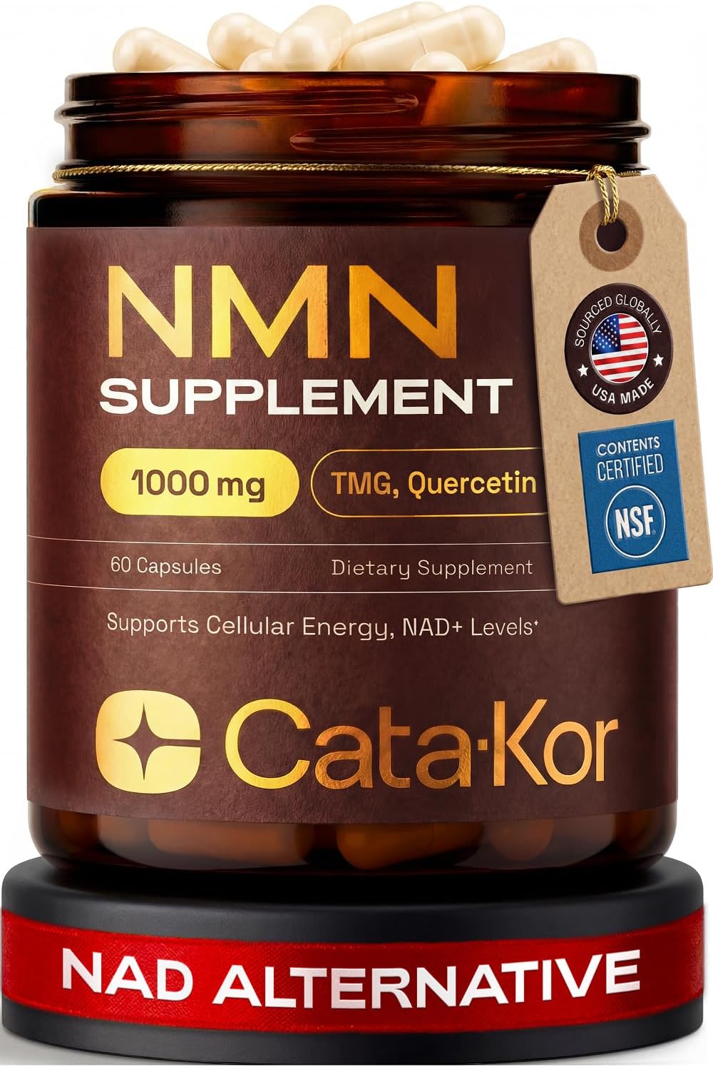 NMN Supplement 1000mg – 4-in-1 NAD Supplement with Quercetin | TMG | Resveratrol – NMNH Alternative – Supports Cellular Energy & NAD+ Levels – 60 Capsules – Third-Party Tested (1 Pack)
