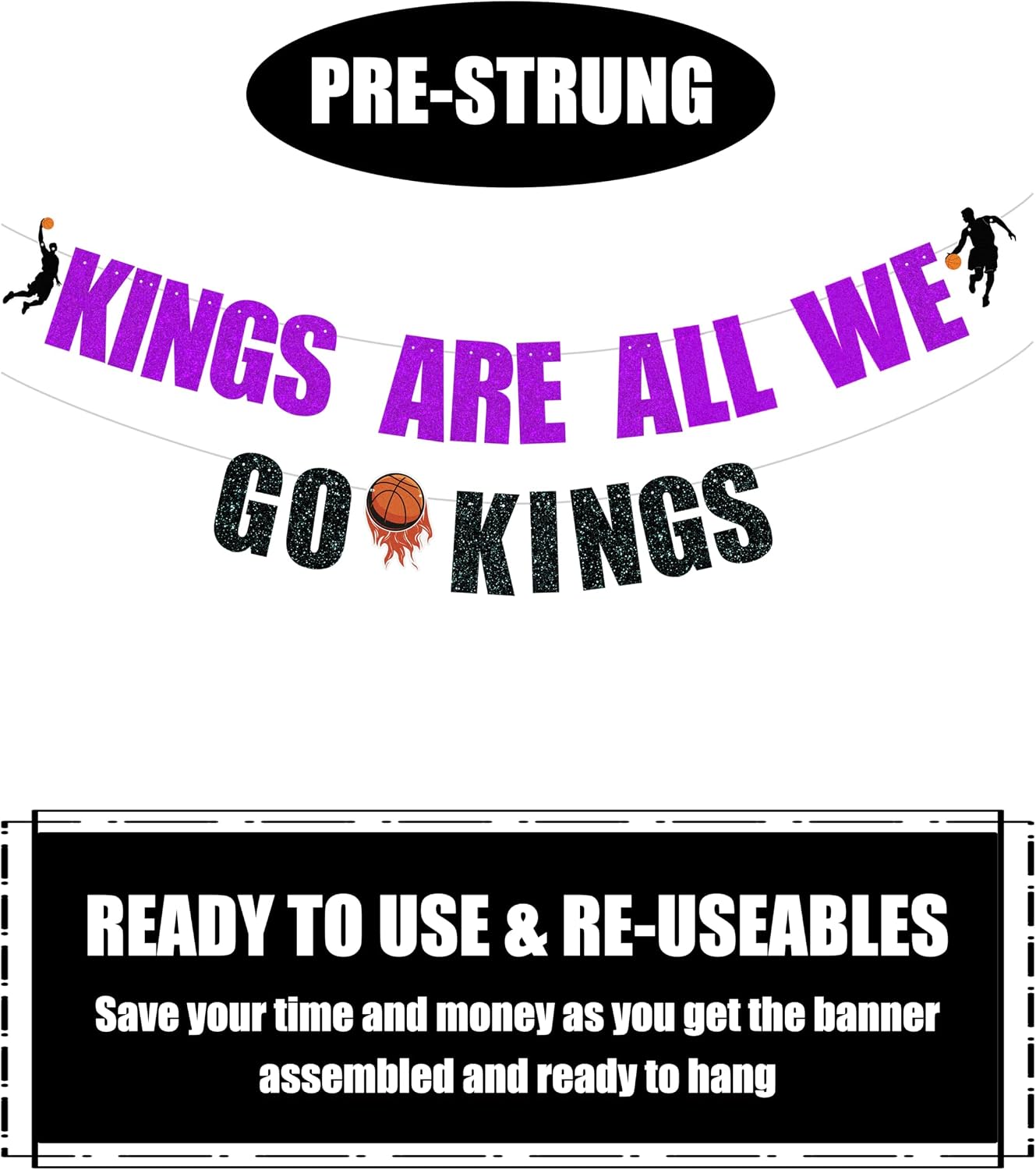 Pre Strung Kings Are All We Go Kings Banner -Sacramento Kings party decor, Basketball team party, Celebration Party Decorations banner Purple and Black Glitter image 4