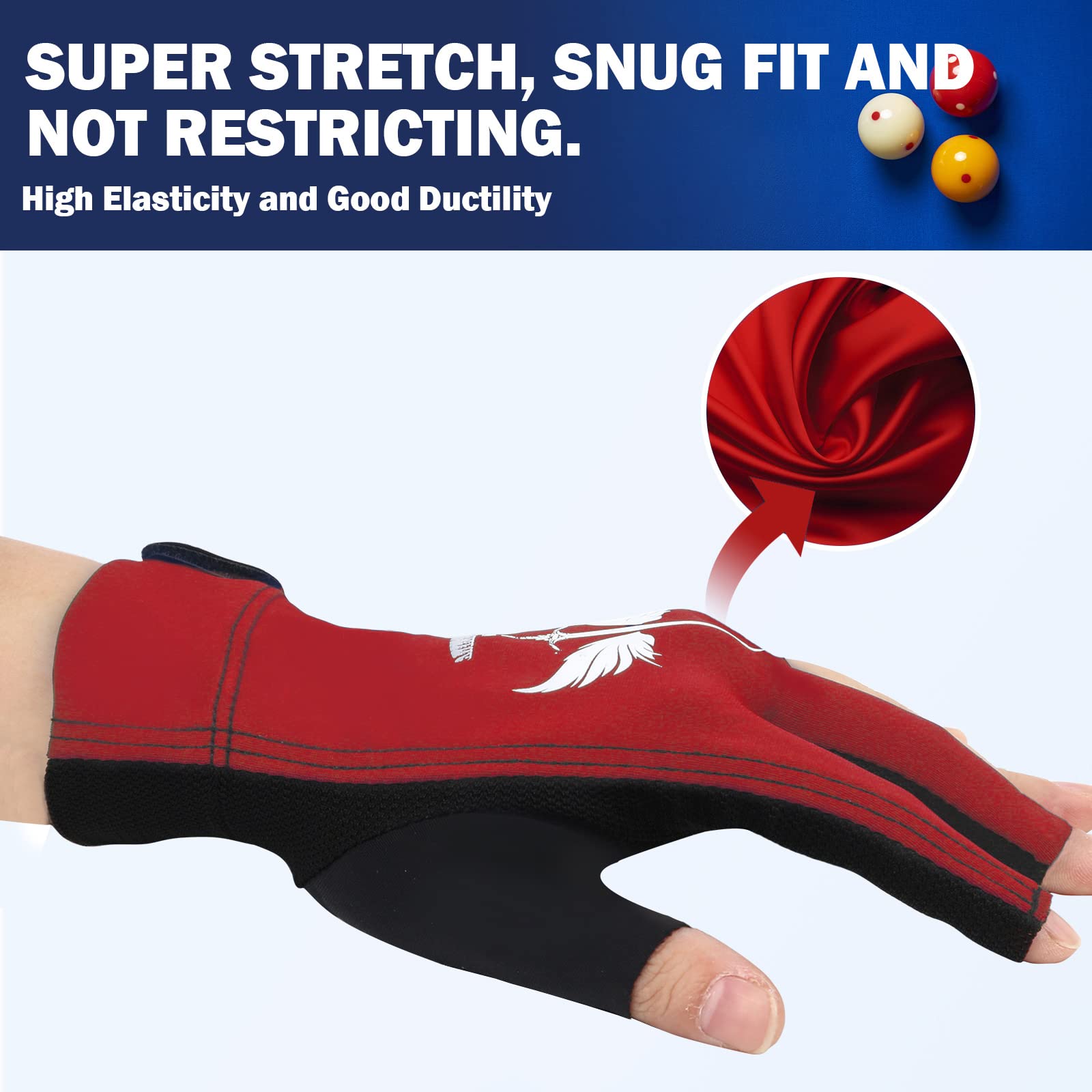 ANIMSWORD Breathable and Comfortable Billiard Pool Gloves Fits on Left Hand or Right Hand 3 Finger for Snooker Cue Sport Glove. 2