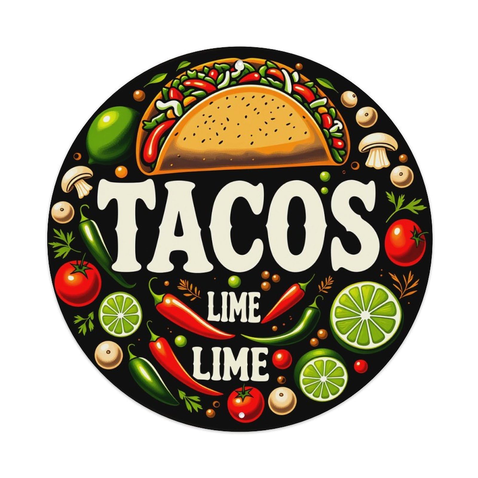 Tacos Lime Chili Tomato Mushroom Garlic Cilantro Round Vintage Tin Sign,Retro Wall Art,Metal Poster for Home, Bar, Garage, Cafe, Rustic Indoor & Outdoor Decor, 8x8 Inches