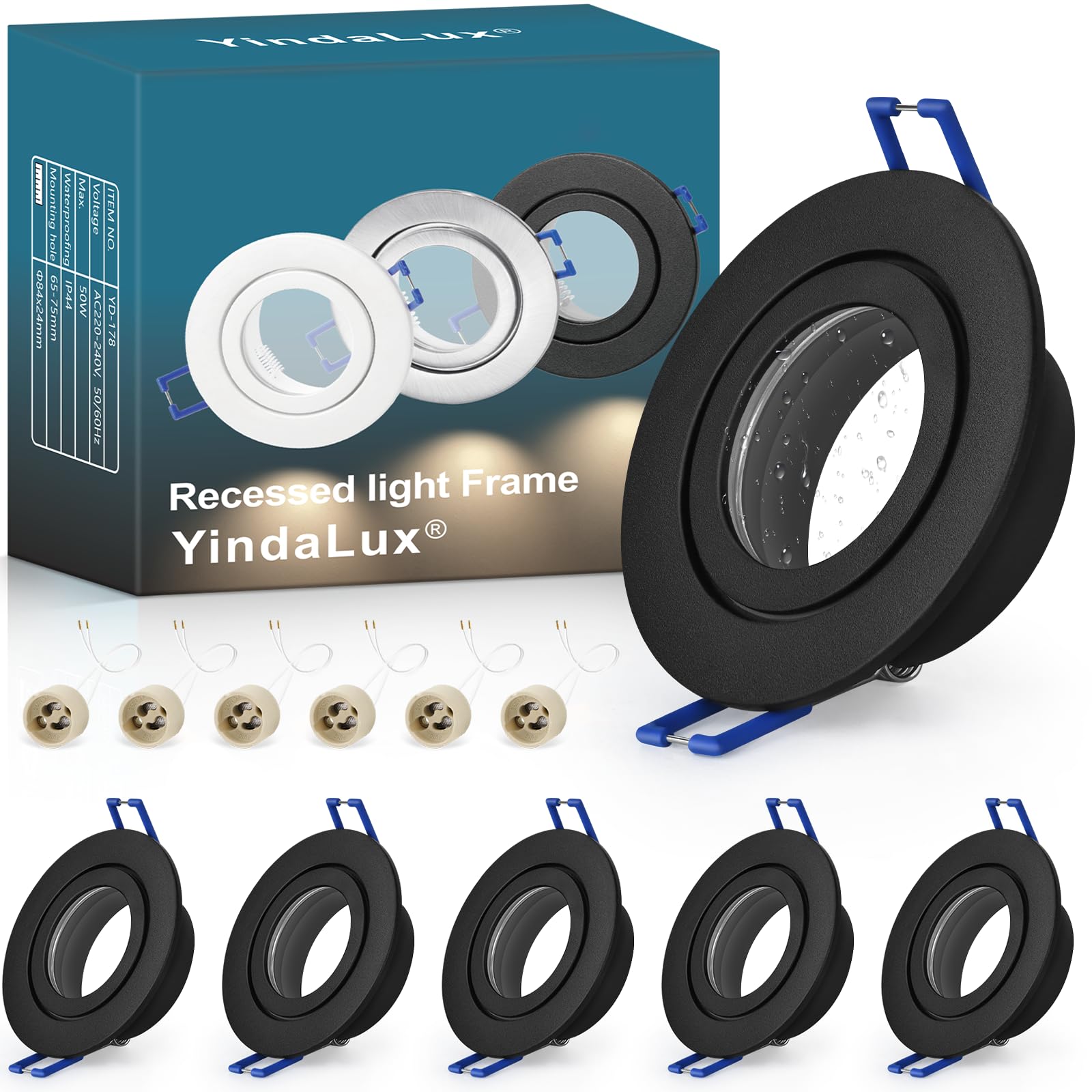 YindaLux 6 Pack GU10 Downlight Frames IP44 Black, Aluminium Recessed Spotlight Bezels for Bathroom, 230V Ceiling Spots with GU10 Holder, Ø84mm, Cut-Out 65-75mm, Bulb Not Included