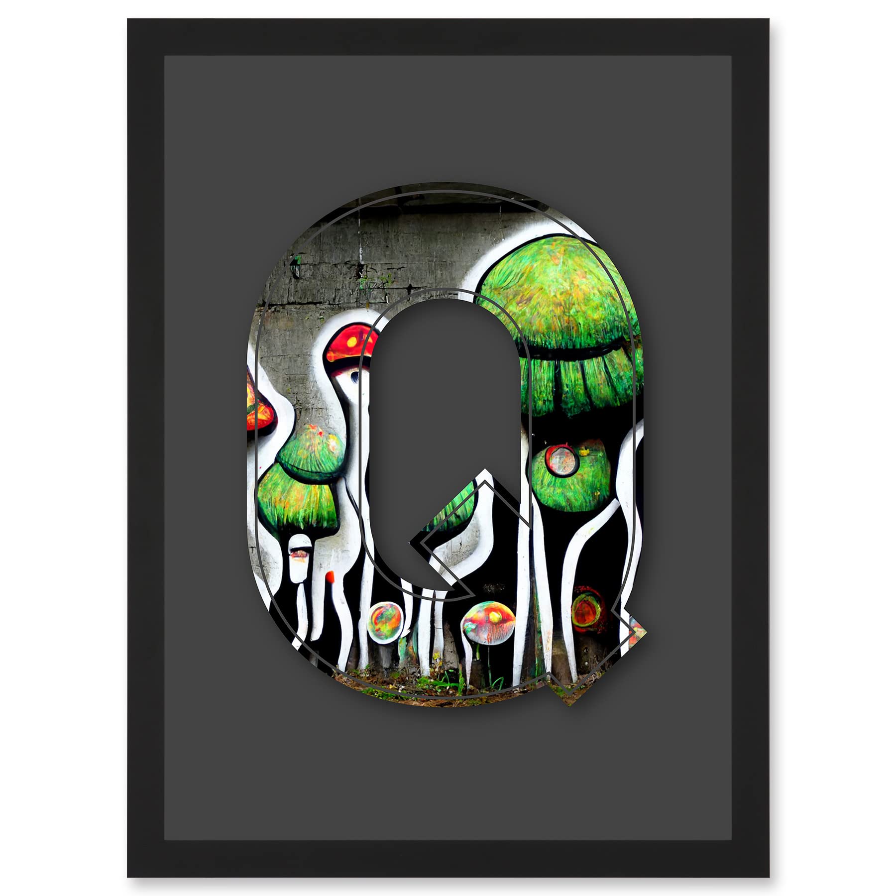 A4 Framed Wall Art Print - Letter Q Abstract Trippy Grey Green Decorative Graffiti Mural Alphabet Initial Stencil Artwork - Artery8