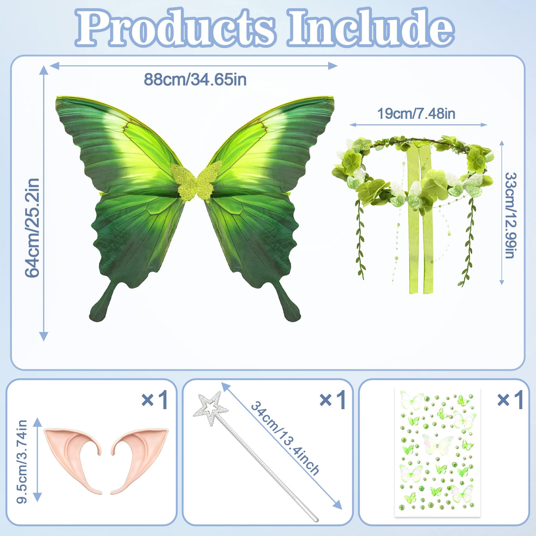 TZEKING Ailes de Fée Enfant et Adulte, Ailes de Papillon avec Oreilles d'Elfe, Bandeau de Fée et Baguettes de Étoile, Costume d'Aile pour Carnaval, Halloween, Cosplay, Anniversaire