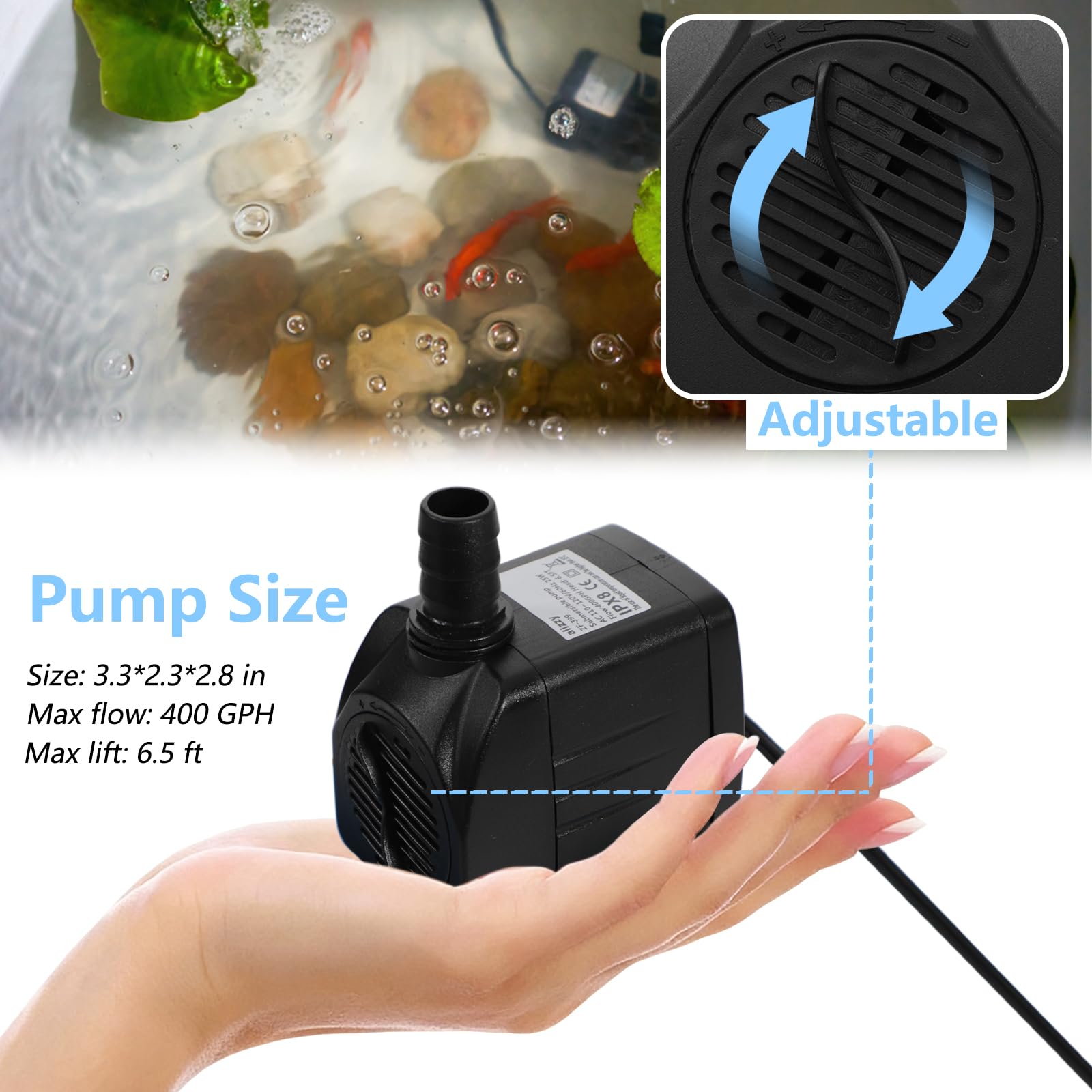 alizzy 400GPH Mała zatapialna pompa wodna (1500 l/h, 25 W) ultra cicha pompa wodna z podnoszeniem 1,5 m i kablem zasilającym o długości 6 stóp do akwarium, akwarium