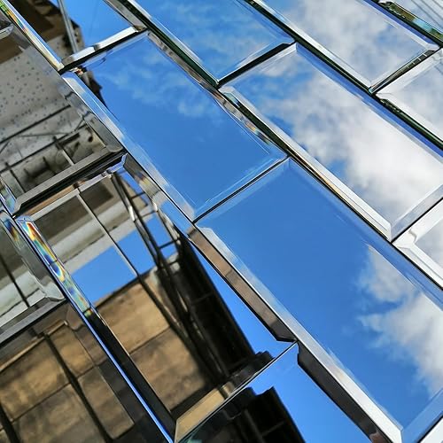 Diflart Espejo biselado para despegar y pegar, azulejos de metro plateados de 4 x 8 pulgadas, autoadhesivo, para cocina, baño, TV, azulejos de