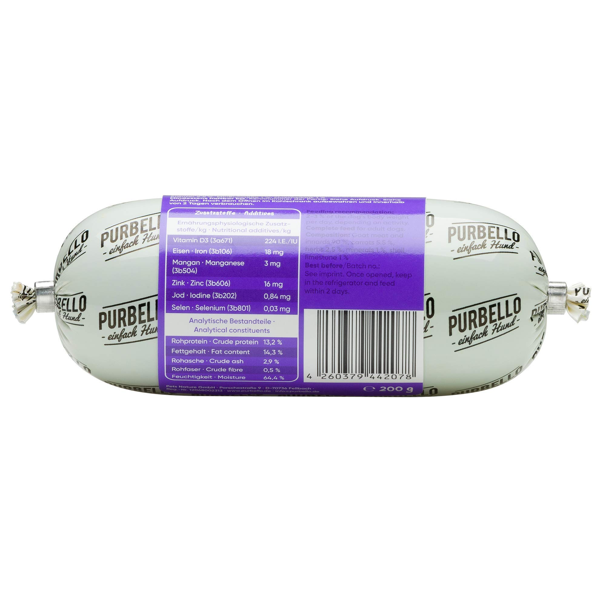 PURBELLO Hunde-Rolle Ziege mit Karotte & Kräutern - Monoprotein Hundefutter mit hohem Fleischanteil - Nassfutter für Hunde - Hundewurst schnittfest & getreidefrei - 8 x 200 g
