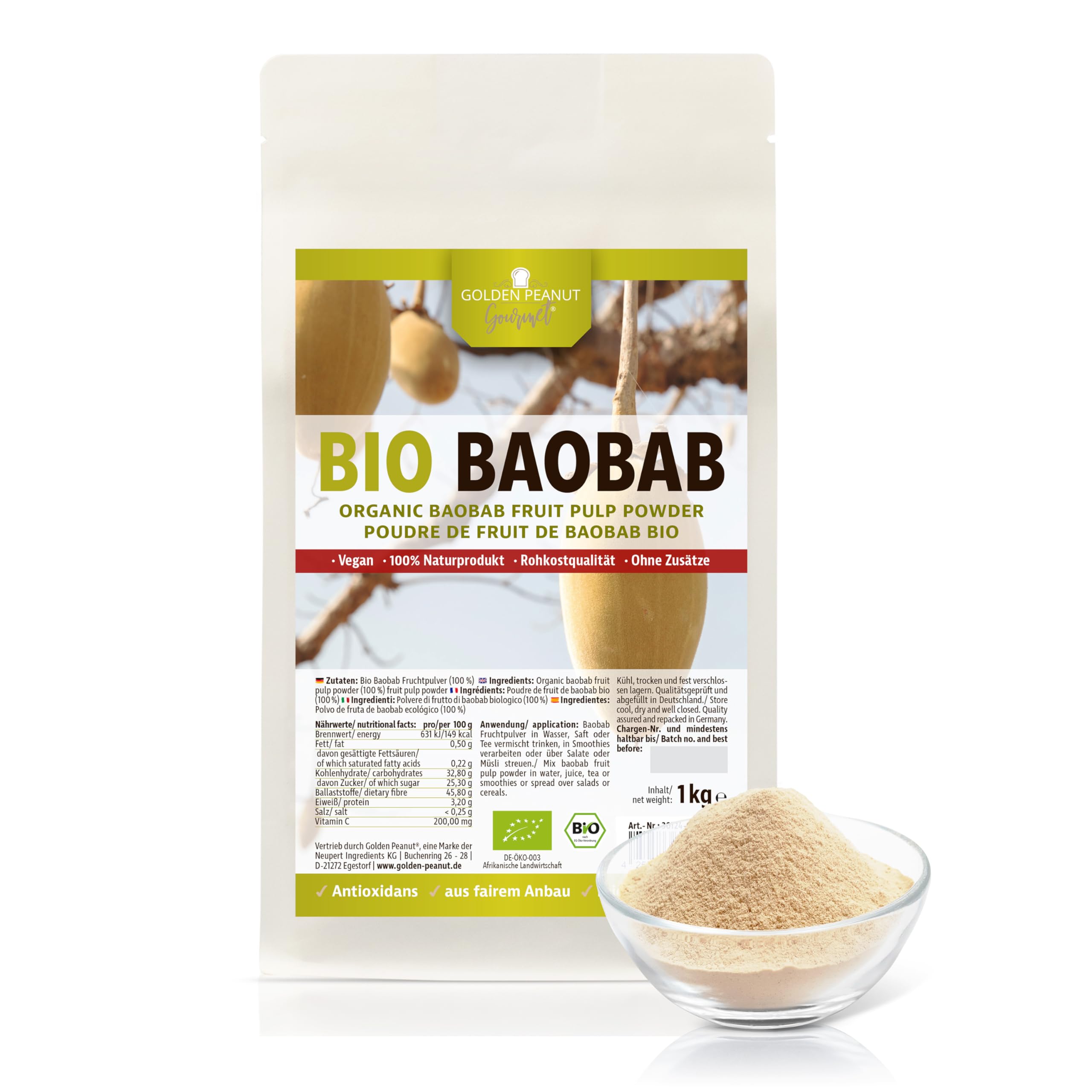 GOLDEN PEANUT Gourmet Bio Baobab Fruchtpulver 1 kg reine Rohkostqualität, Affenbrotbaum, 100% naturbelassen, natürliches Vitamin C, Smoothie