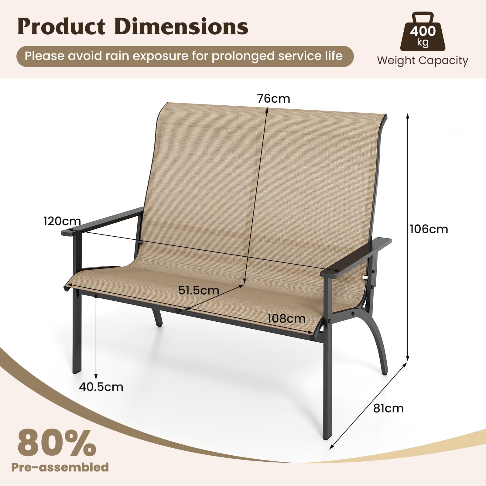KOMFOTTEU Panca giardino esterno a 2 posti, sedia Adirondack in Textilene con carico di 400 kg, panca di terrezza con schienale alto e braccioli per patio, balcone, 81 x 120 x 106 cm
