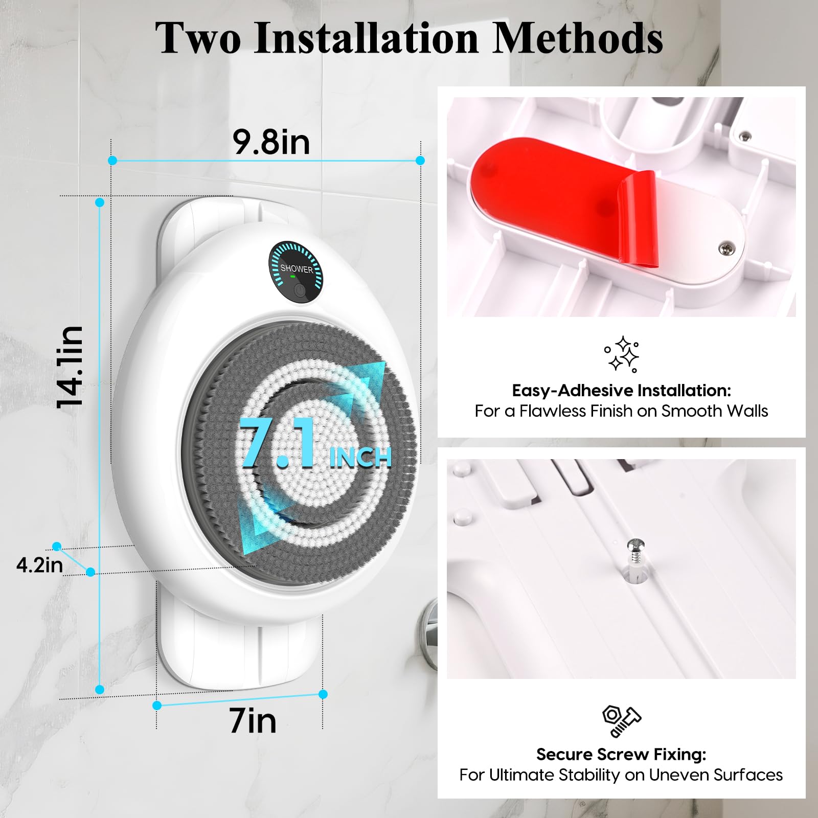 Cepillo eléctrico para la espalda para ducha, cepillo exfoliante montado en la pared, limpiador corporal automático manos libres, IPX7 resistente al agua, ajuste de 3 velocidades, 3 cabezales