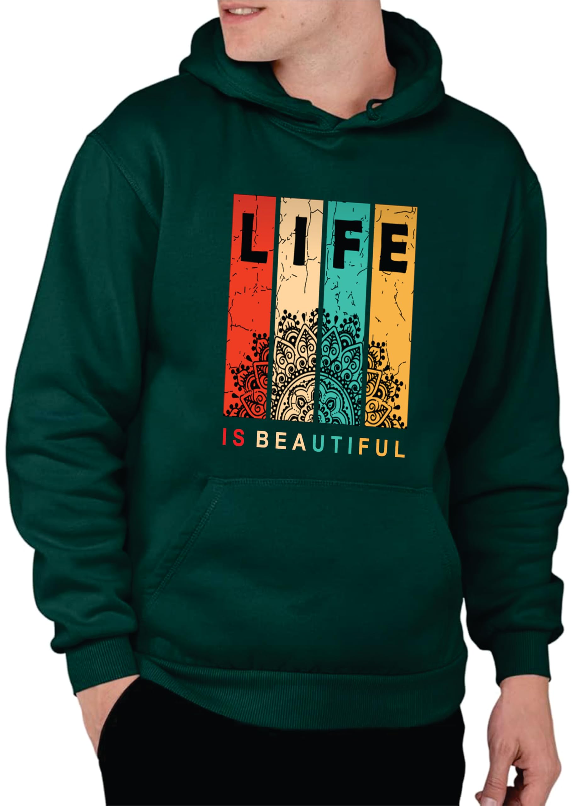 Life is Beautiful Graphic Printed Hoodie, Unisex Full Sleeve Hooded Sweatshirt, Retro Vintage Design with Mandala Pattern, Winter Wear
