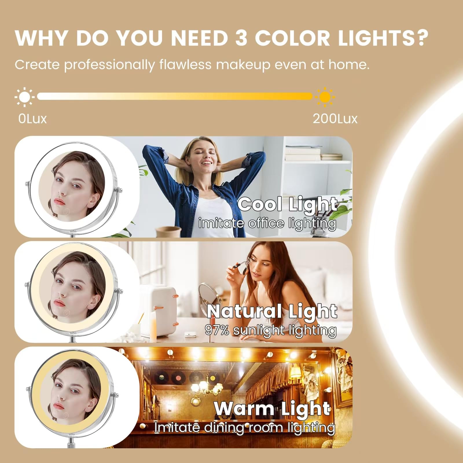 JECETIDAE Lighted Makeup Mirror, 10x/1x Magnification, 3-Color Without Aurora, Rechargeable, 8- inch Height Adjustable Height, 360° Rotatable, a Best Gift for Wife or Friends