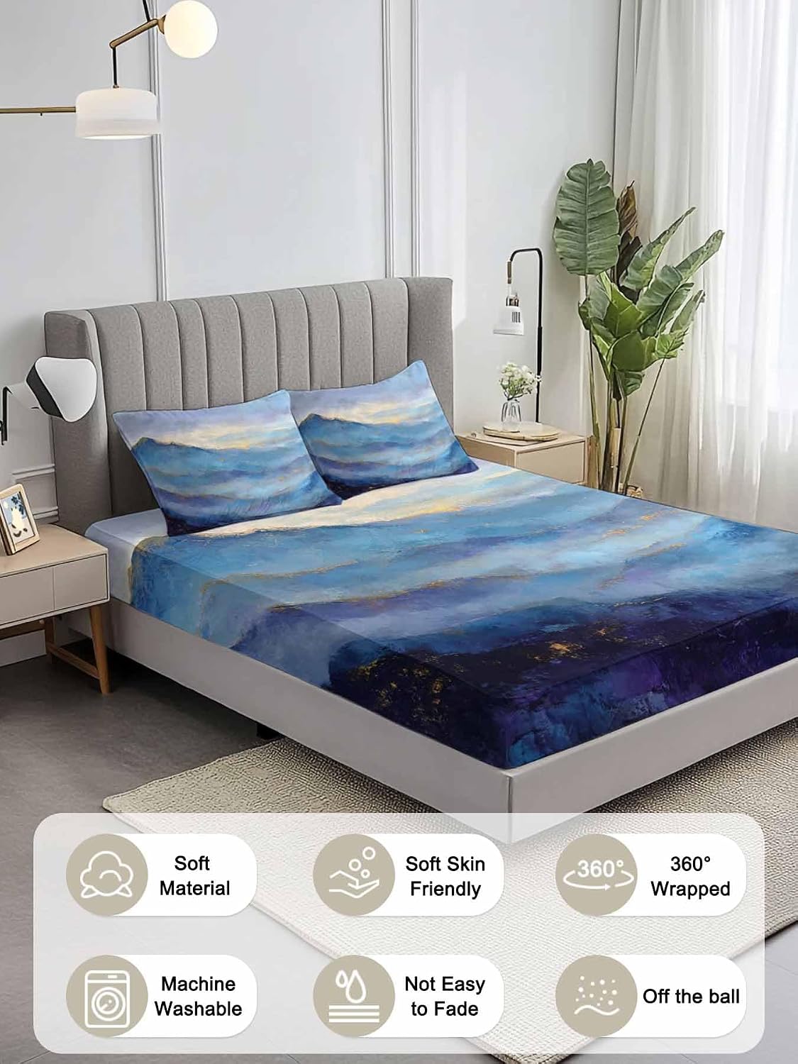 Modern Oil Painting Queen Fitted Sheet Set, Retro Abstract Art Mountain Forest Soft Deep Pocket up to 16"-Easy Fit Bed Sheets with Elastic Strap, Breathable Micorfiber Bedding Set with Pillowcase