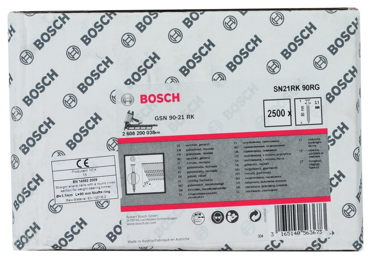 Bosch 2608200038 - Chiodo a Testa Tonda 21°, Galvanizzato, Torto, SN21RK 90Rg