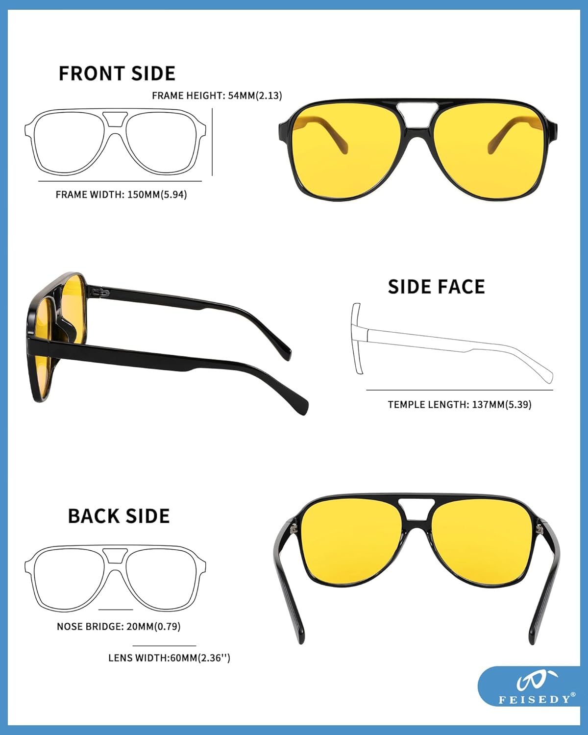 FEISEDY Vintage Retro 70s Plastic Aviator Sunglasses Women Men Classic Large Squared Frame B2751 - Image 4