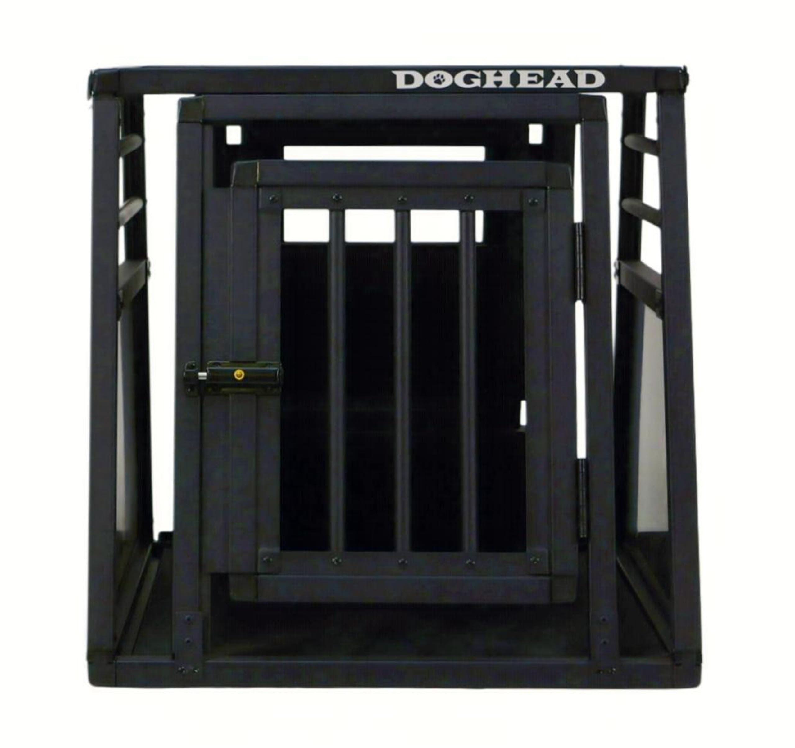 DOGHEAD Hundetransportbox Proline, Single 55x65x55 cm, Schwarz, Aluminium, Beidseitig Abgeschrägt 75°, mit Notausstieg