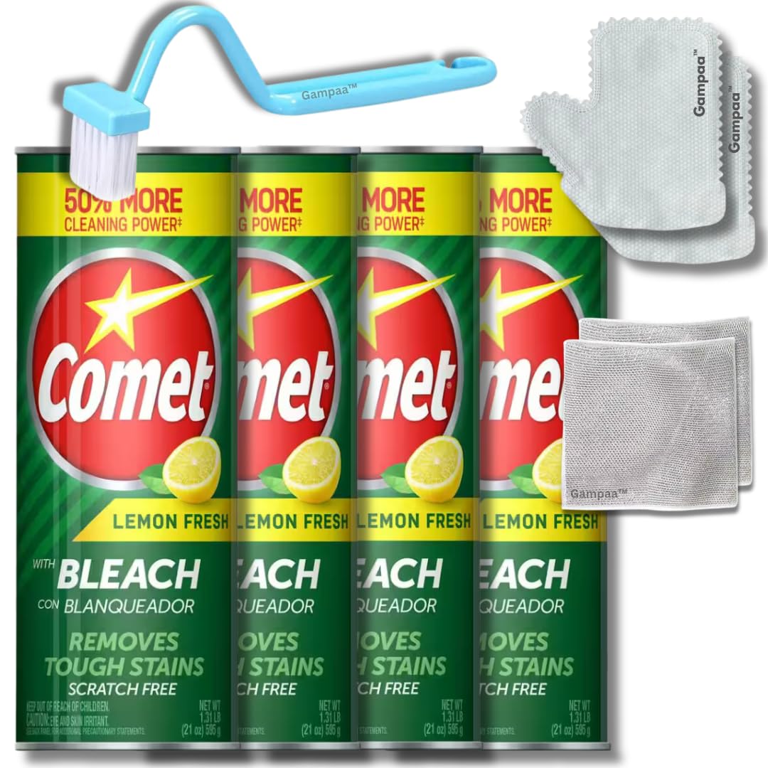 Comet Lemon Fresh Powder Cleanser with Bleach, 4-pack 21 oz Bundle Reusable Cleaning Gloves, Cleaning Brush, and Multipurpose Wire Miracle Cleaning Cloths (4 Items)