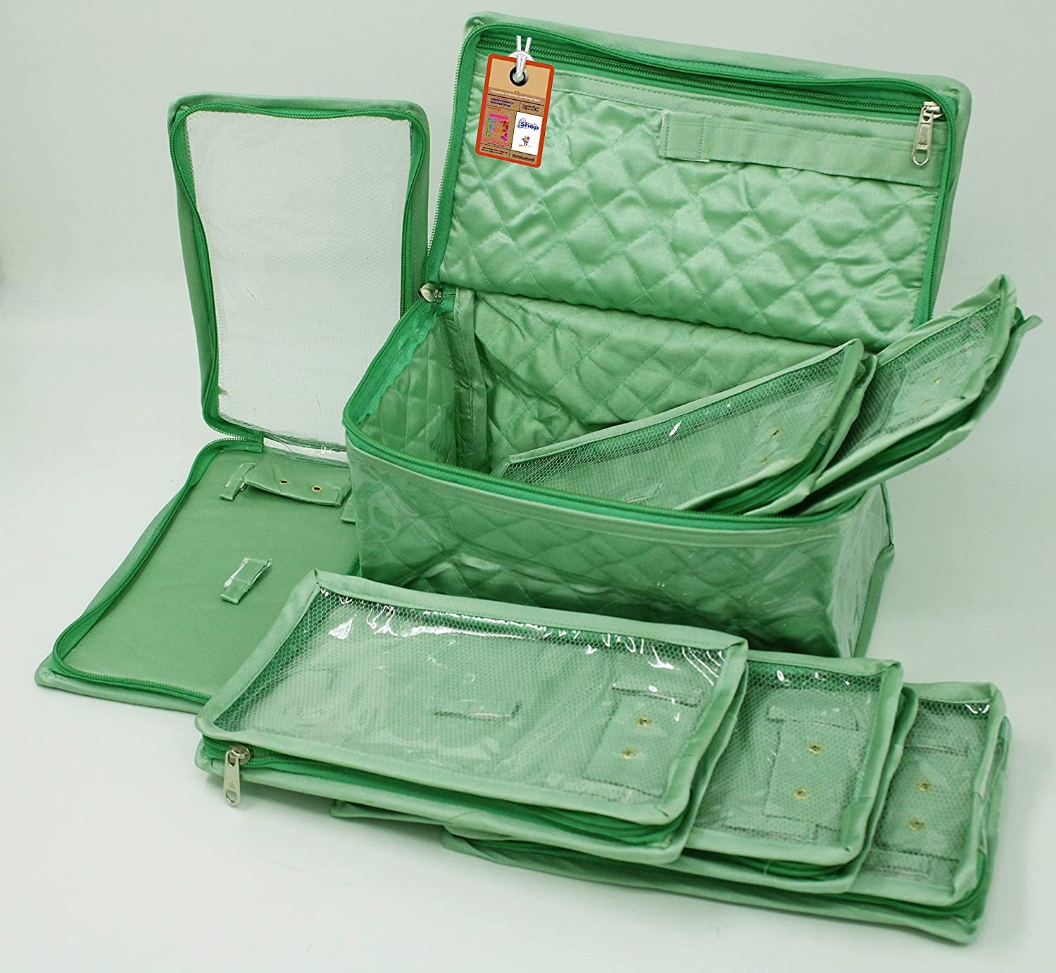 atorakushon Satin-Make-up-Set, Reise-Schmuck-Organizer, Aufbewahrung Schließfachbox, Tasche, Clutch-Tasche für Halsketten, Ohrringe, Ringe und Armbänder, Hochzeitsgeschenk, mintgrün