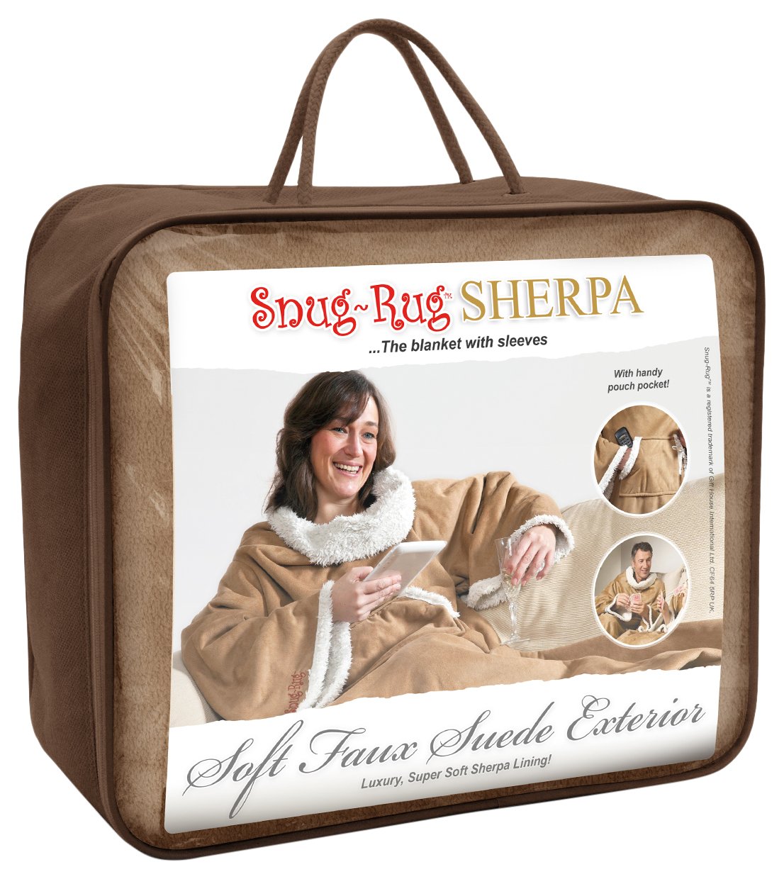 Snug Rug Sherpa miękki koc ze sztucznego zamszu z rękawami, oryginalne koce z rękawami, super miękki, luksusowy, 270 g/m², miękki materiał, ponadwymiarowe, kieszeń dla dorosłych, rozmiar brązowy